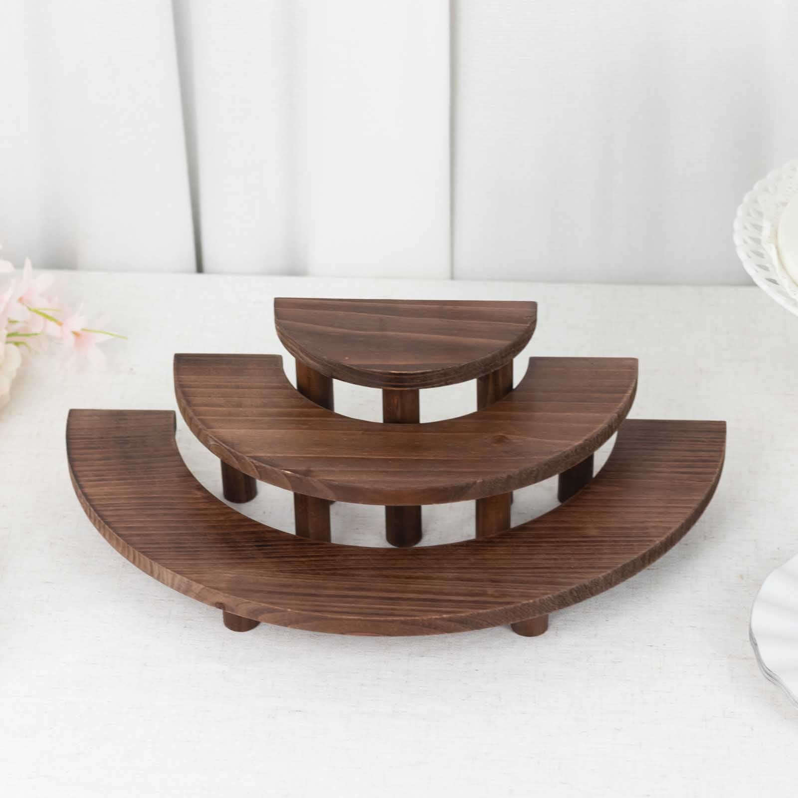 Set of 3 Wooden Dessert Pedestals Rustic Brown 3-Tier Semicircle Design - Half Moon Cupcake Display Risers 7, 13, 18