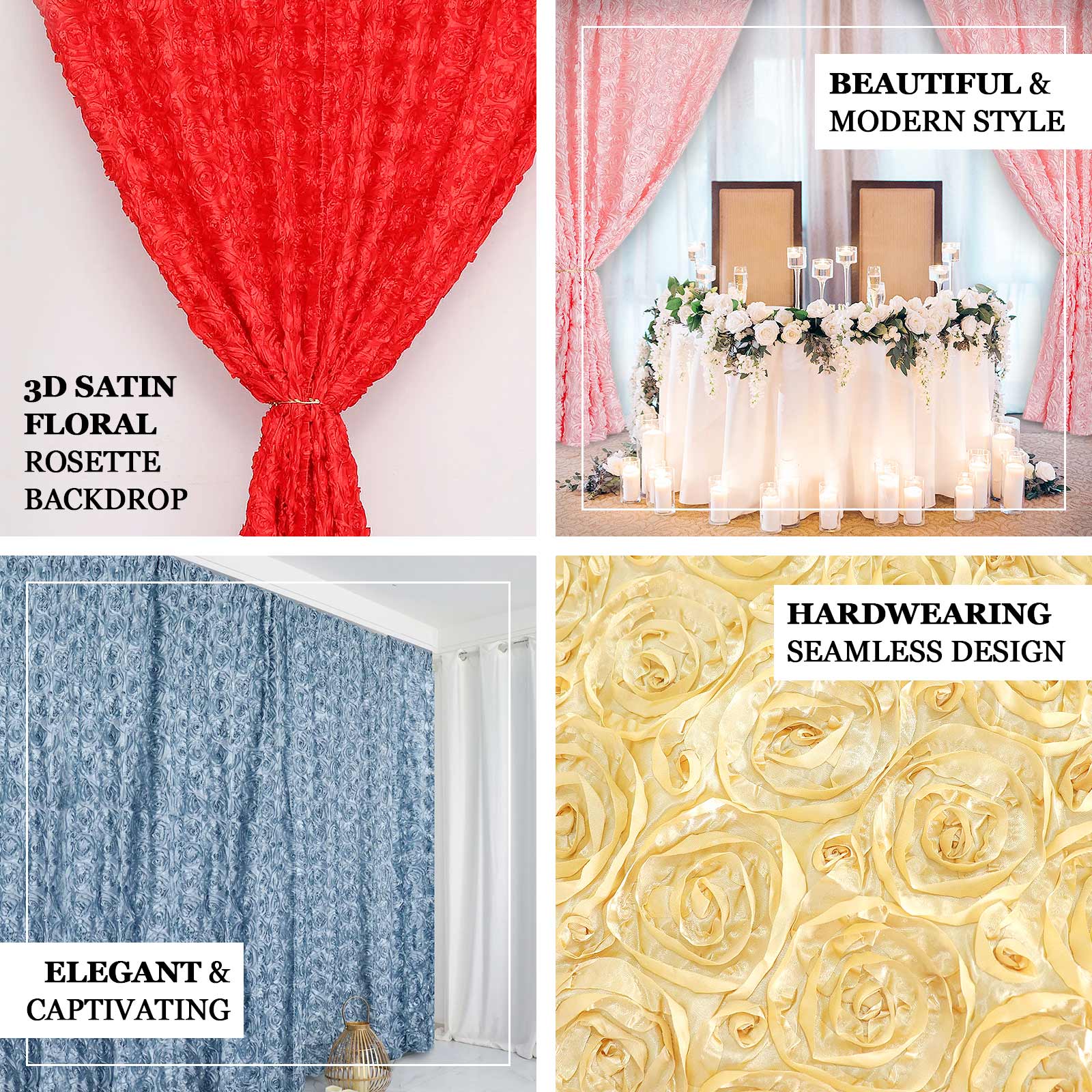 8ftx8ft Ivory Satin Rosette Event Curtain Drapes, Backdrop Event Panel