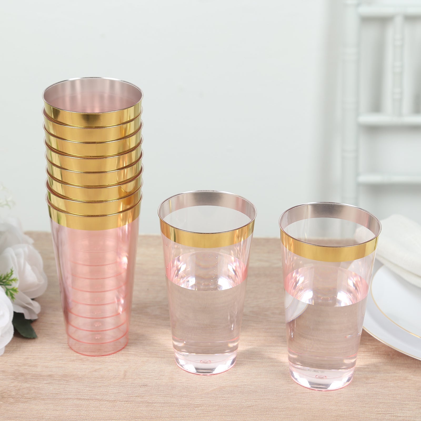 12-Pack Plastic Party Cups Transparent Blush with Gold Rim - Durable Disposable Tumblers for Drinks 17oz 5.5