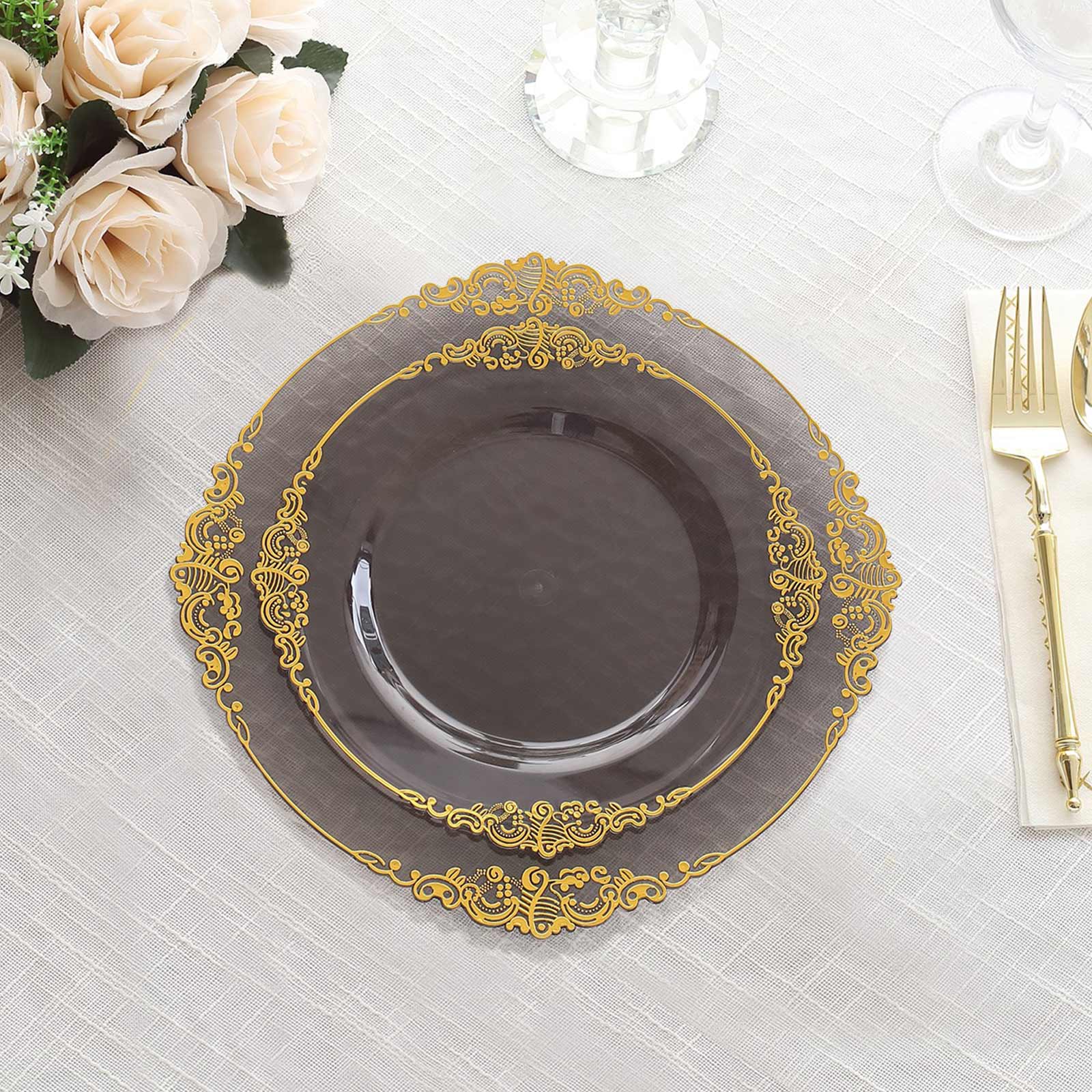 10-Pack Plastic 8 Round Dessert Plates in Transparent Black with Gold Leaf Embossed Rim - Disposable Vintage Baroque Style Salad Plates