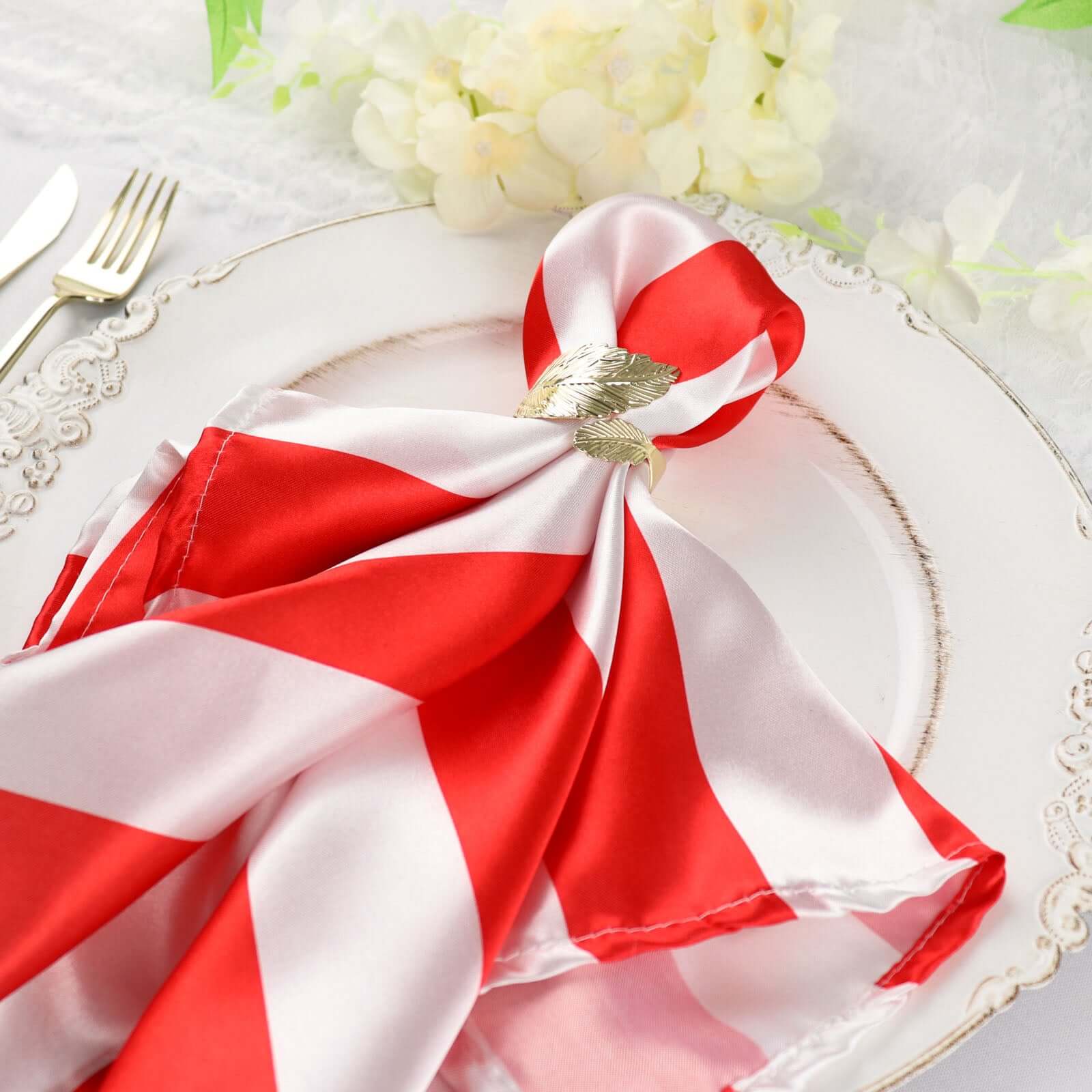 5 Pack Satin 20x20 Napkins Red/White - Striped Reusable Dinner Napkins