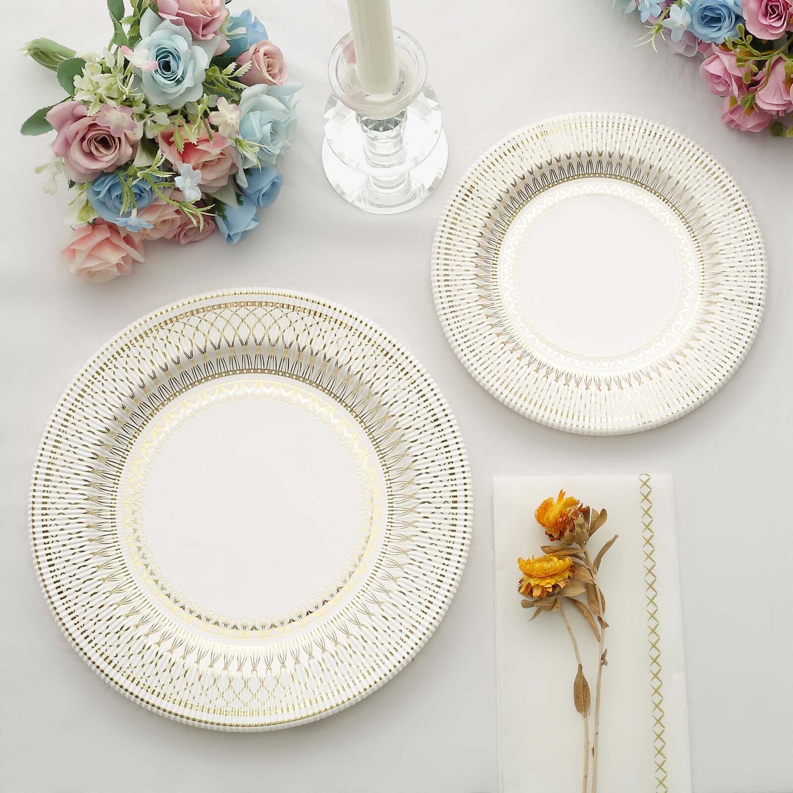 25-Pack Paper 10 Round Dinner Plates in White with Gold Vintage Porcelain Style Rim - Disposable 300GSM Party Plates