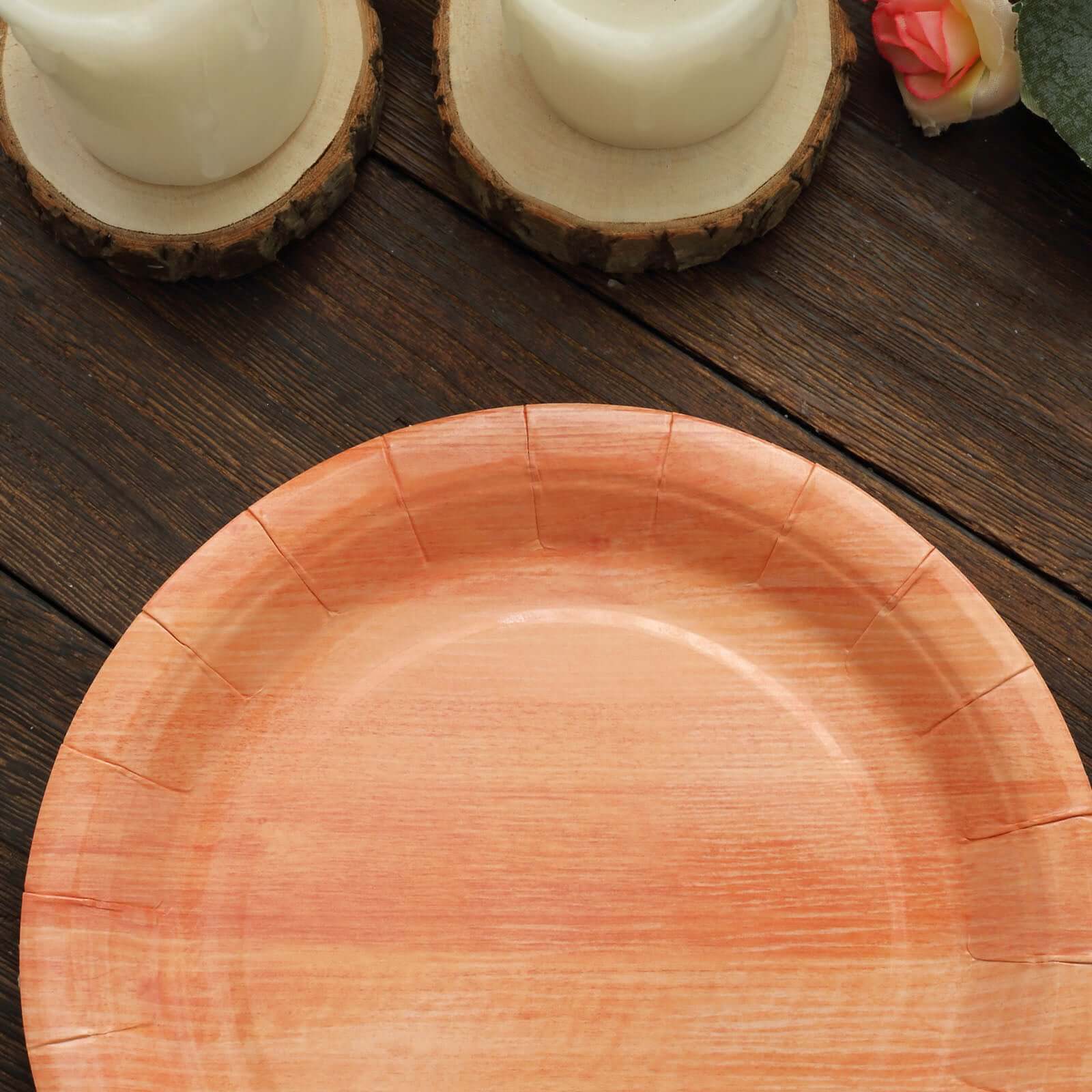 25-Pack Paper 7 Round Dessert Plates in Natural Wood Grain Print - Disposable Appetizer Salad Plates for Rustic Farmhouse Style Events