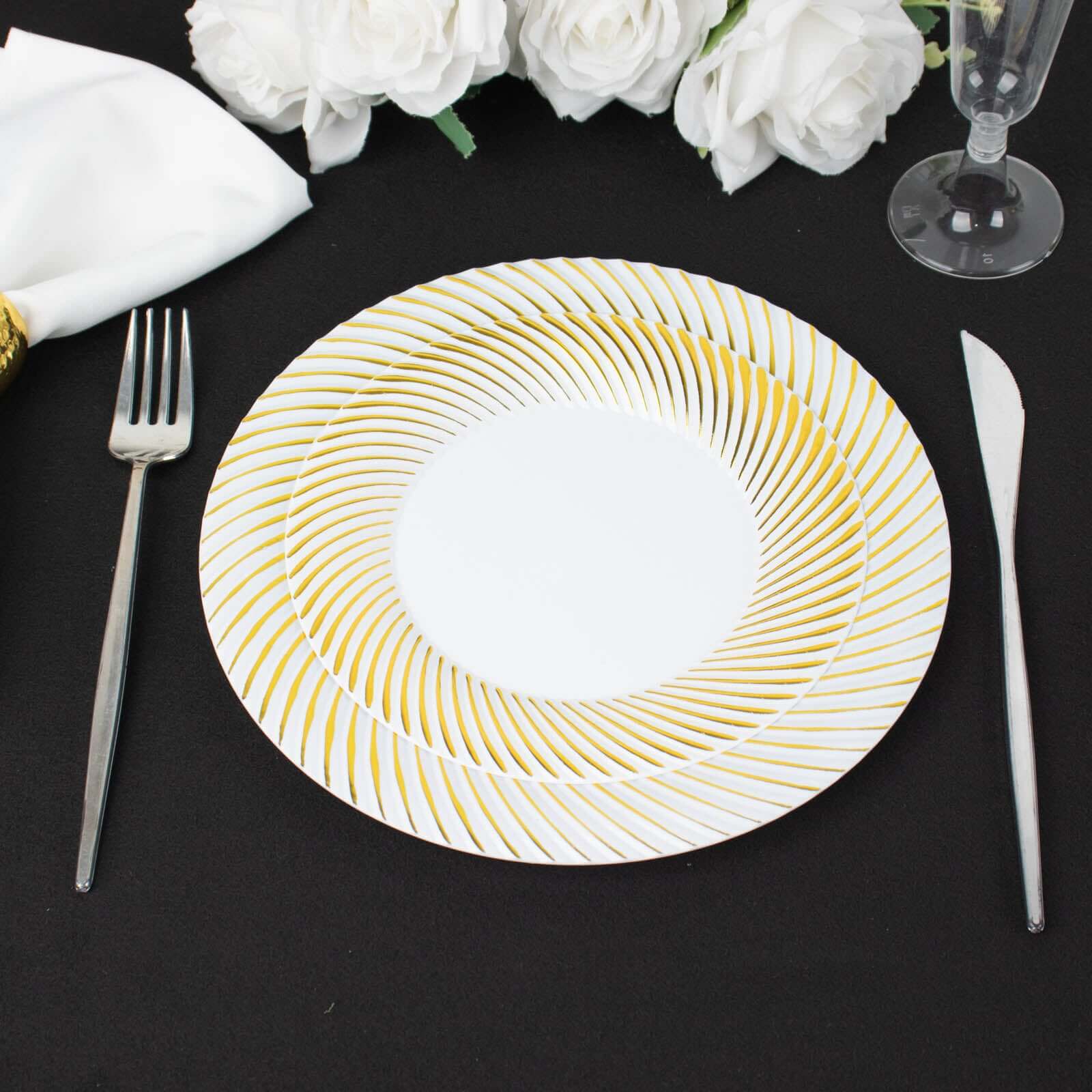 10-Pack Plastic 9 Round Dinner Plates White with Gold Swirl Rim - Disposable Party Plates