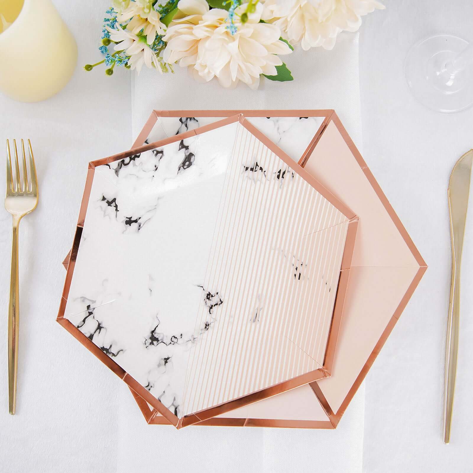 50-Pack Paper Hexagon Dinner and Dessert Plates in Blush with Marble Design & Rose Gold Foil Rim - Chic Disposable Geometric Party Plates Set for 25 Guests 8, 10