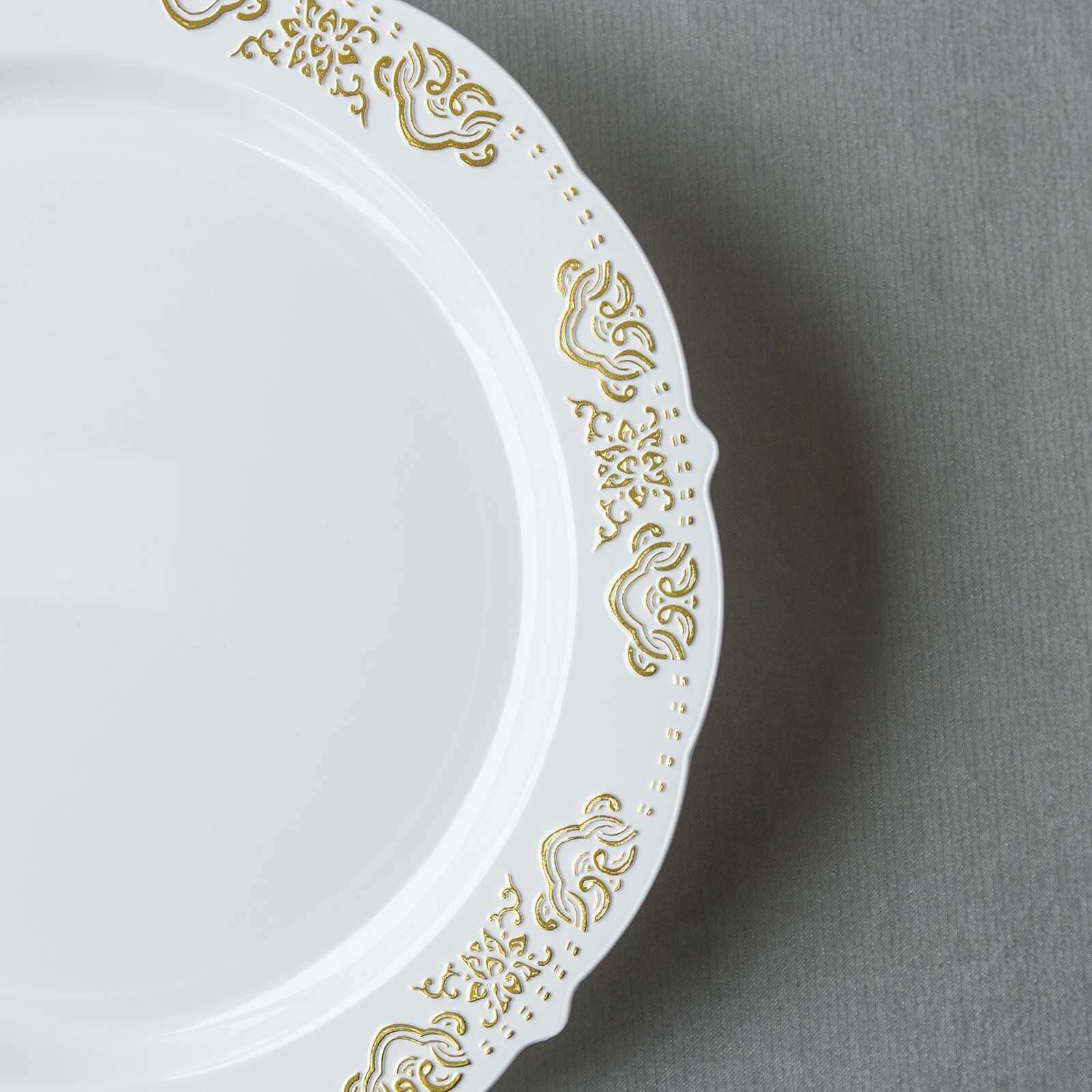 10-Pack Plastic 10 Round Dinner Plates in White with Gold Embossed Scalloped Edge - Chic Disposable Party Plates for Special Occasions & Banquets