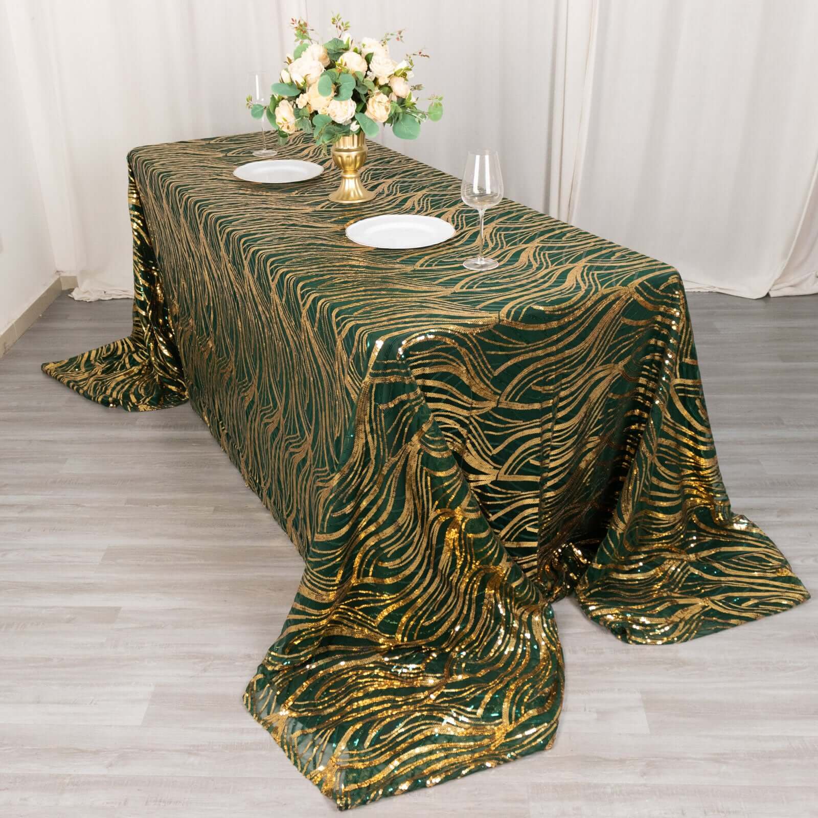 Mesh 90x156 Rectangle Tablecloth Hunter Emerald Green/Gold - Wave Sequin Embroidered Table Cover