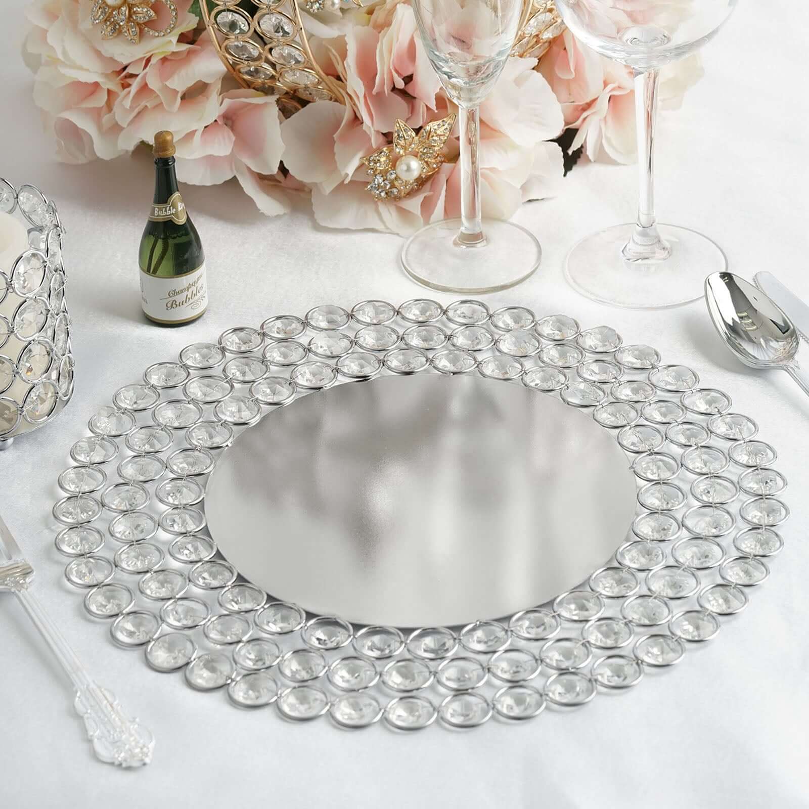 Wired Metal Round Charger Plate 14 in SIlver with Acrylic Crystal Beads, Glamorous Decorative Dinner Charger Tableware