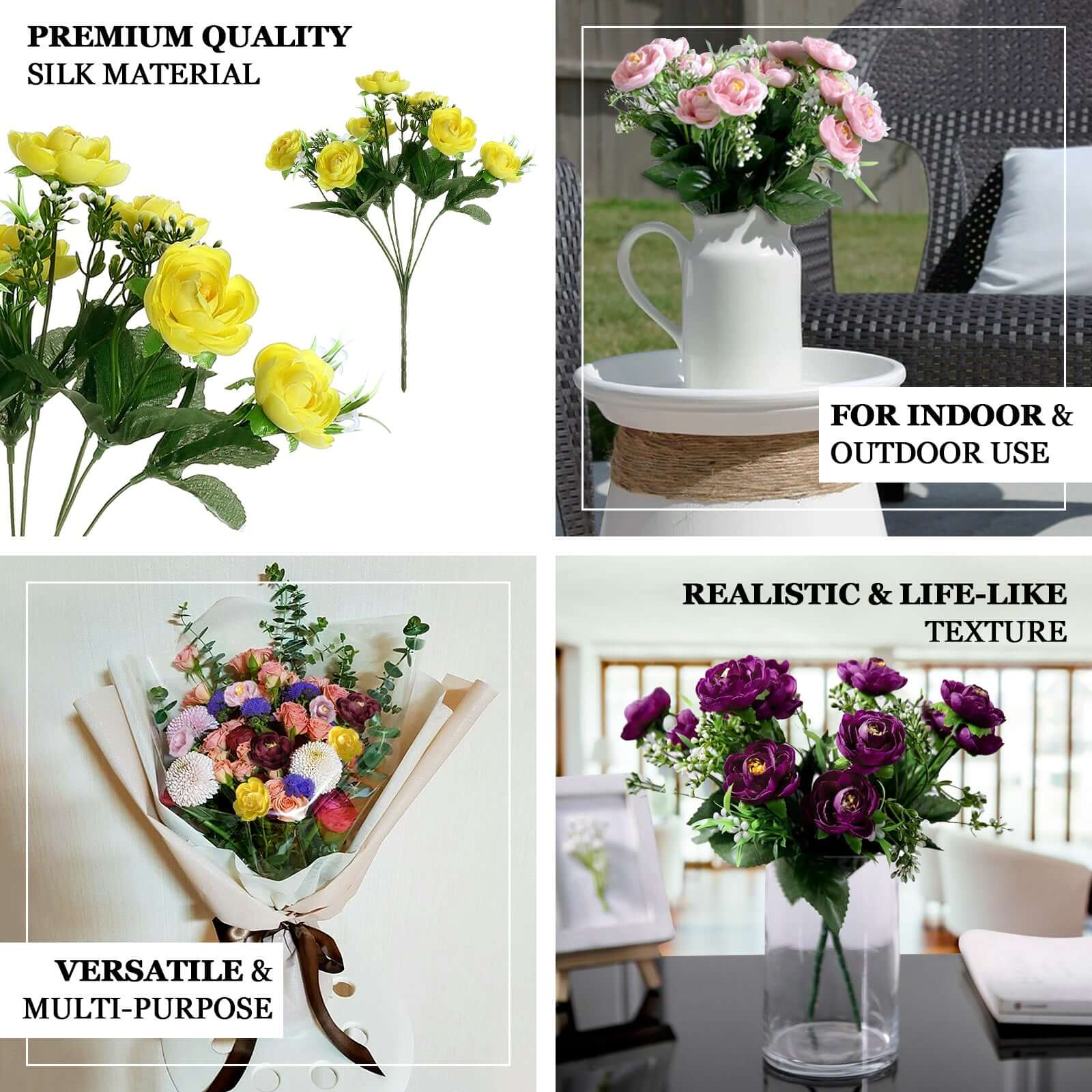 4 Bushes White Artificial Silk Peony Flower Bouquet Arrangement