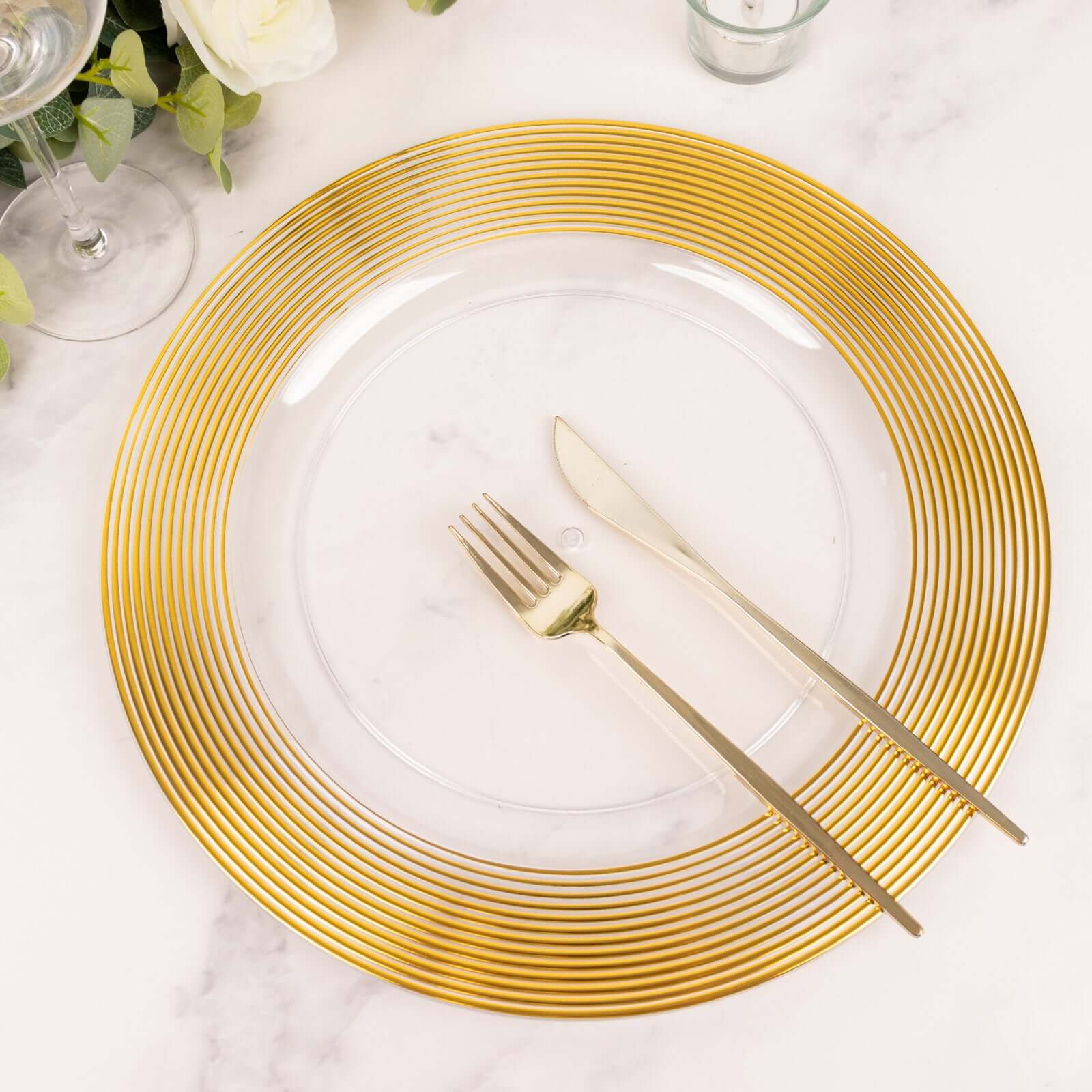 6-Pack Plastic Round Charger Plates 13 in Clear with Gold Lined Ring Rim, Classy Dinner Serving Plates