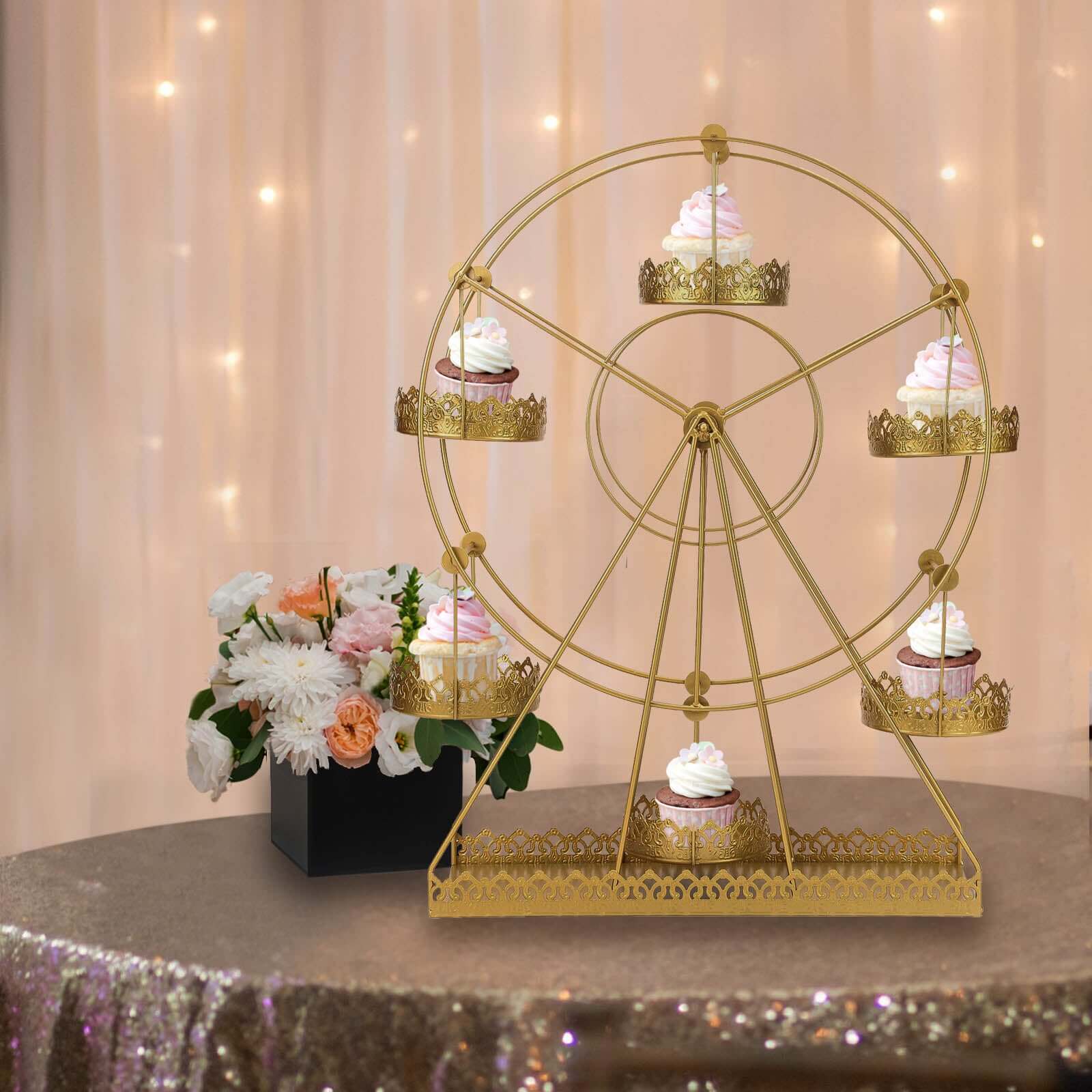 Metal Ferris Wheel Cupcake Holder Gold - Large Decorative Rotating Dessert Display Stand for Carnival-Themed Events Baby Showers & Weddings 23