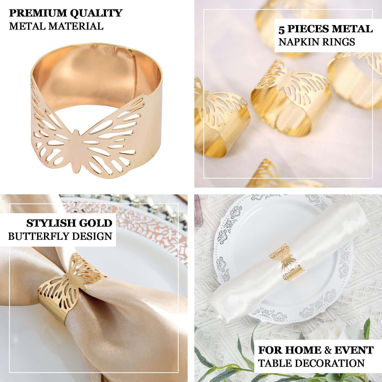 5 Pack Metallic Gold Laser Cut Butterfly Napkin Rings, Paper Napkin Holders