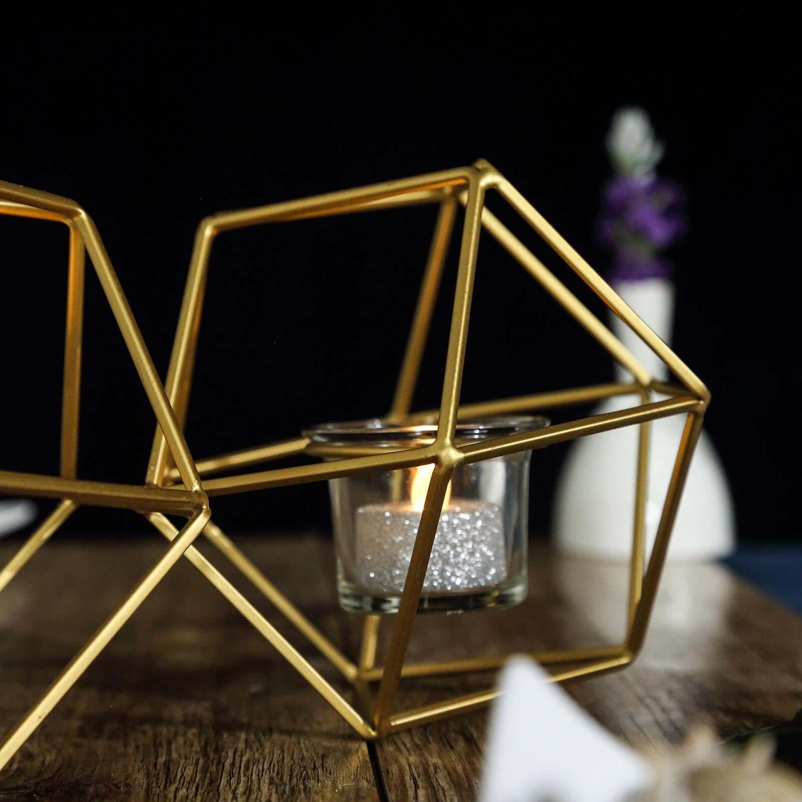 Set of Metal Candle Holders Linked Geometric Design Gold - Modern Table Decor with Votive Glass for Gatherings 11