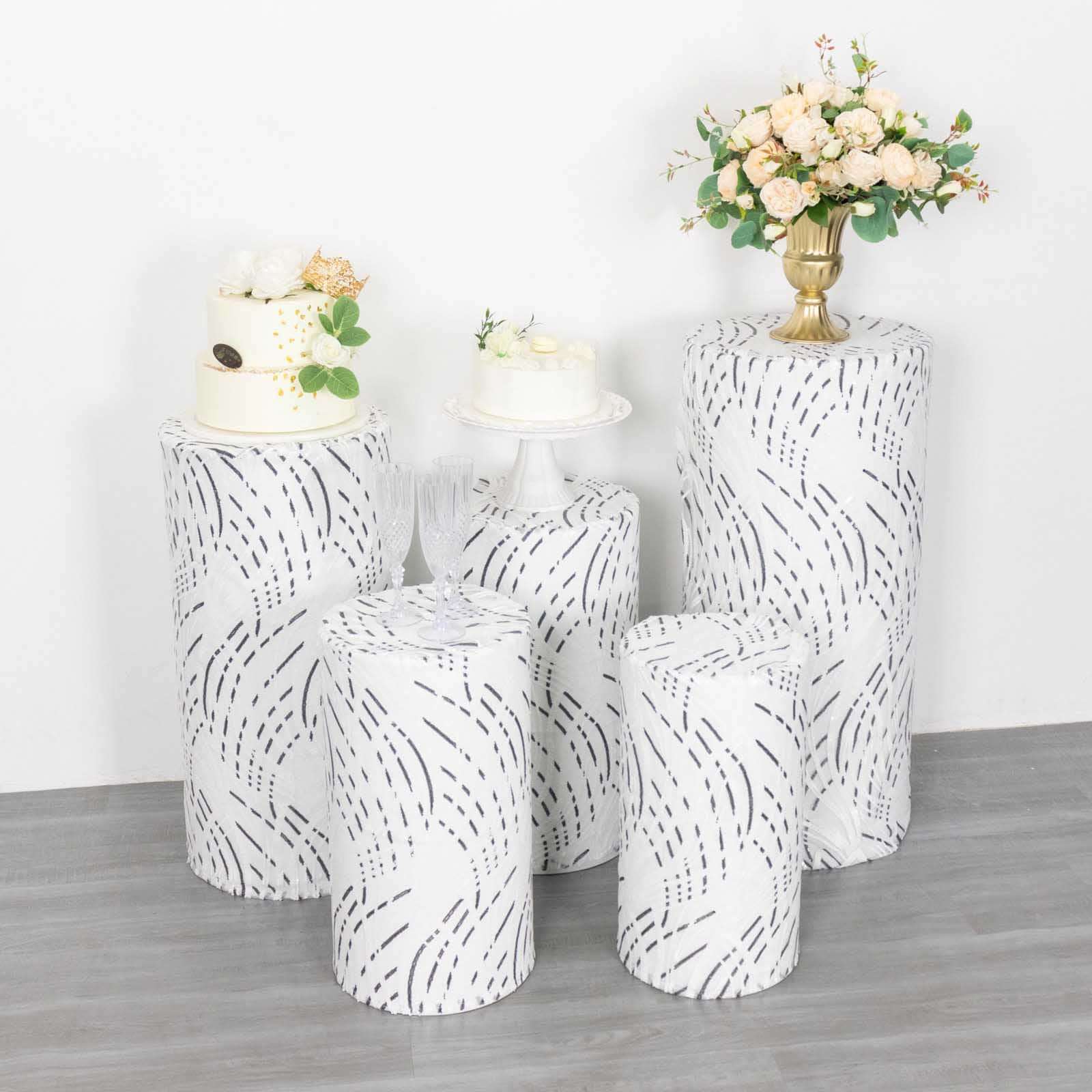 Set of 5 White Wave Mesh Cylinder Pedestal Stand Covers with Embroidered Sequins, Pillar Prop Covers - 160 GSM