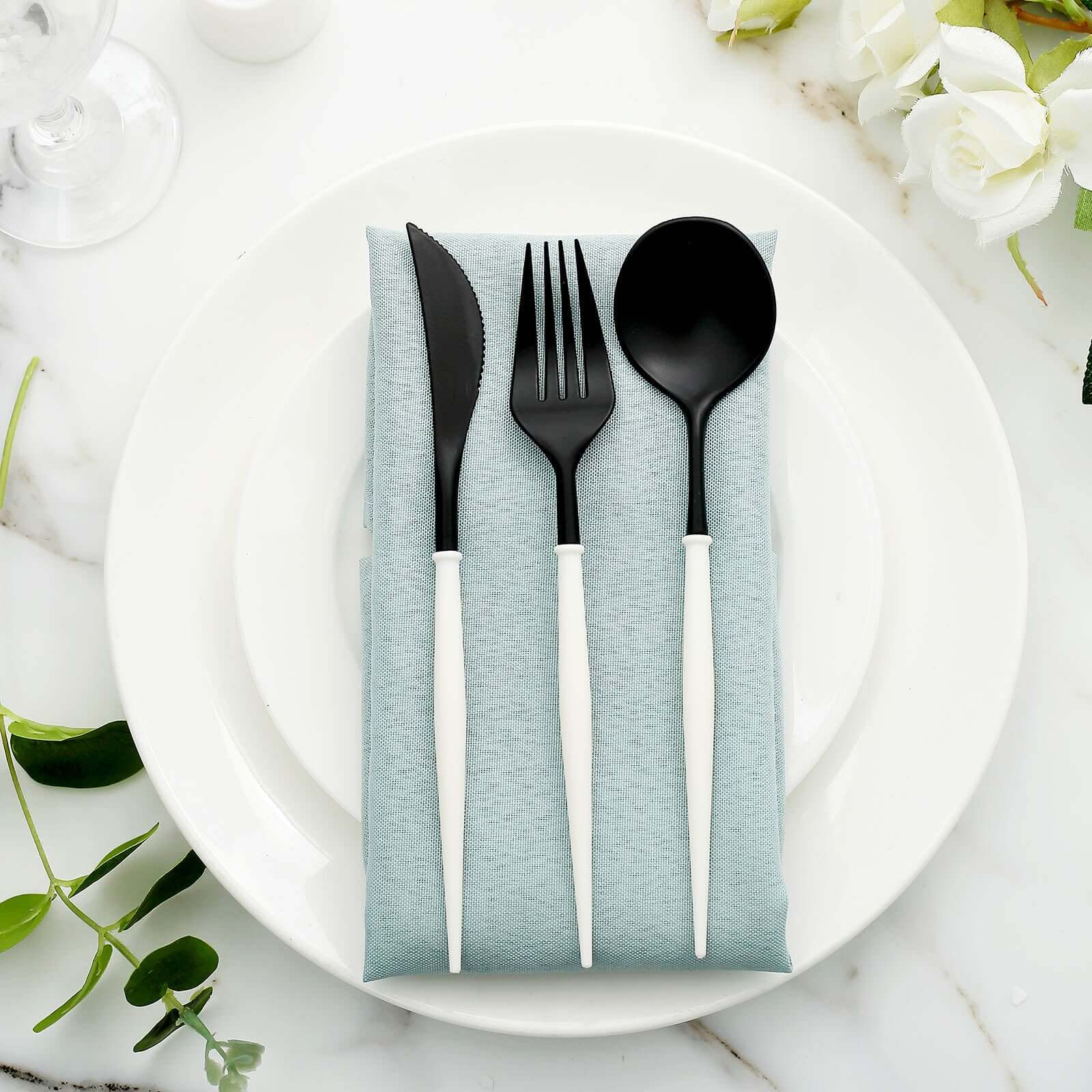 24-Pack Plastic Flatware Set in Black with Ivory Handle - Heavy Duty Disposable Modern Silverware 8