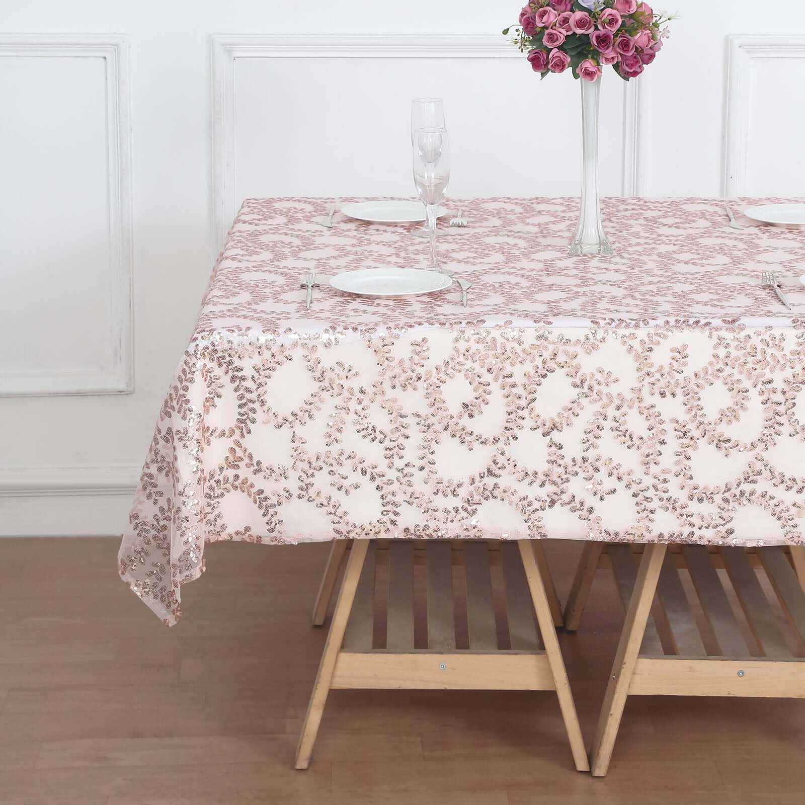 Tulle 72x72 Table Overlay Square Tablecloth Rose Gold - Sequin Leaf Embroidered Table Topper