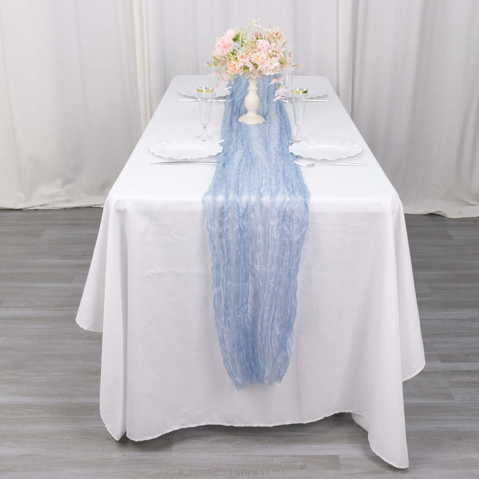 Sheer Crinkled Organza 9ft Table Runner Dusty Blue - Rustic Chiffon Look