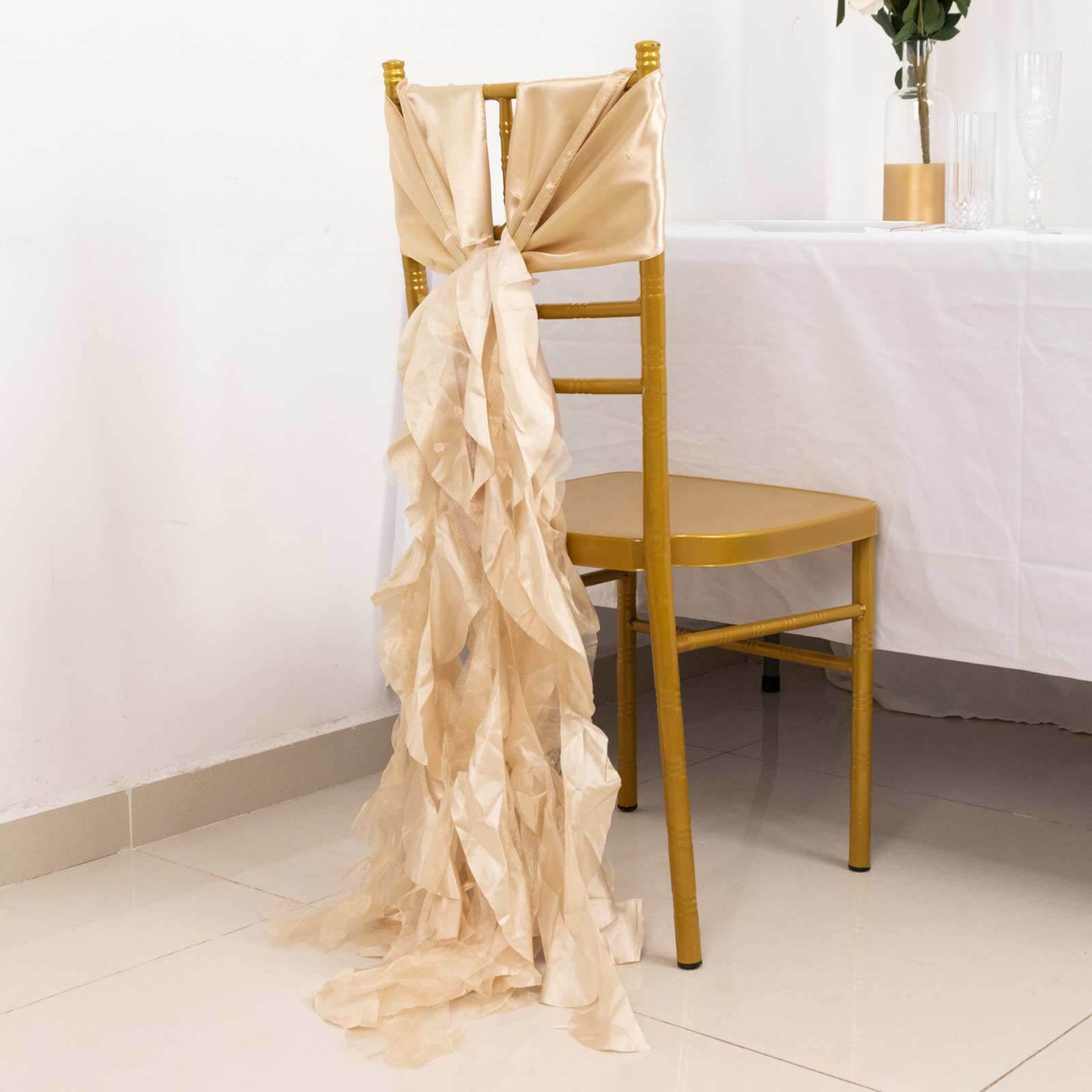 5 Pack Chiffon Satin Chair Sashes Beige - Easy to Install Ruffled Curly Willow