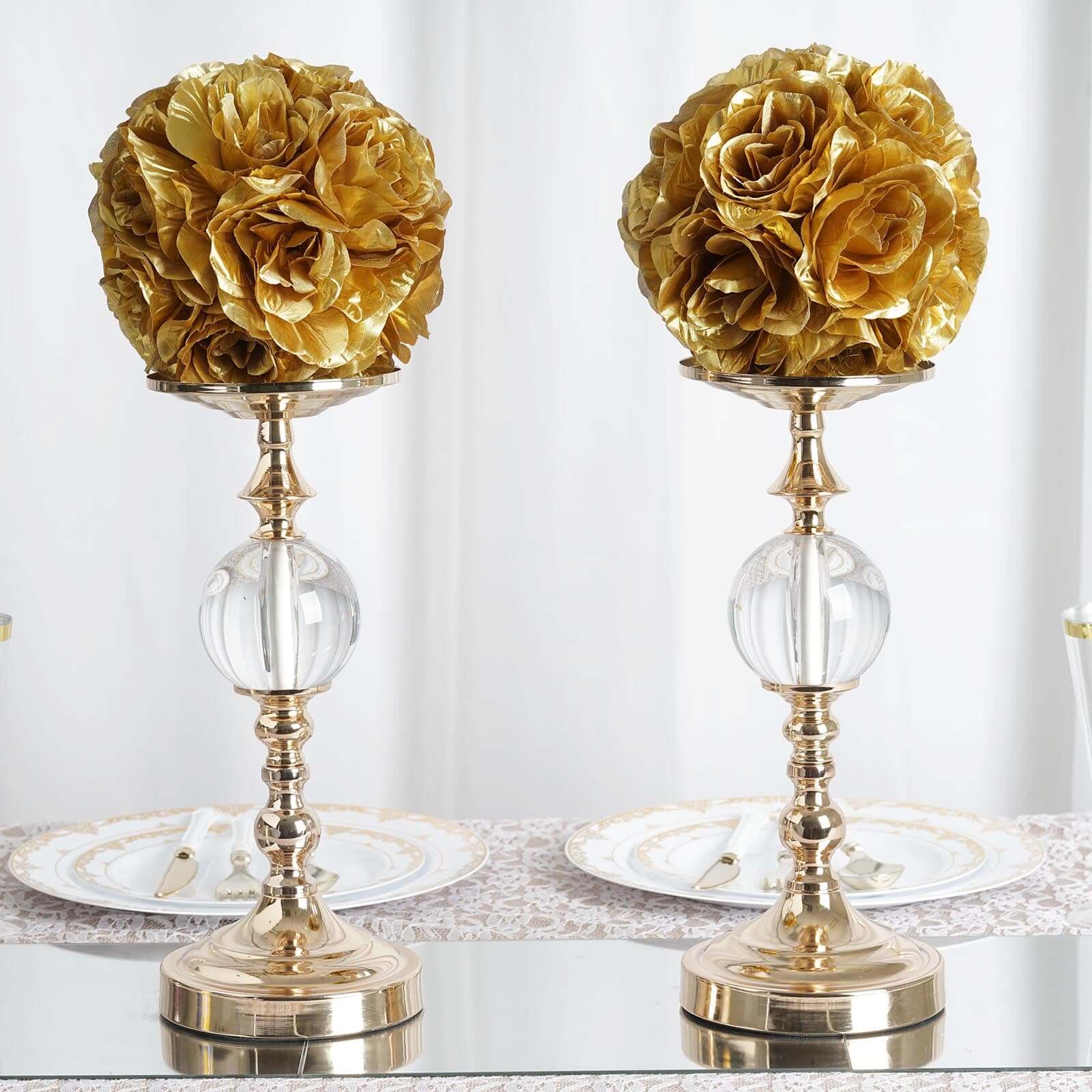 2 Pack 7 Gold Artificial Silk Rose Kissing Ball, Faux Flower Ball