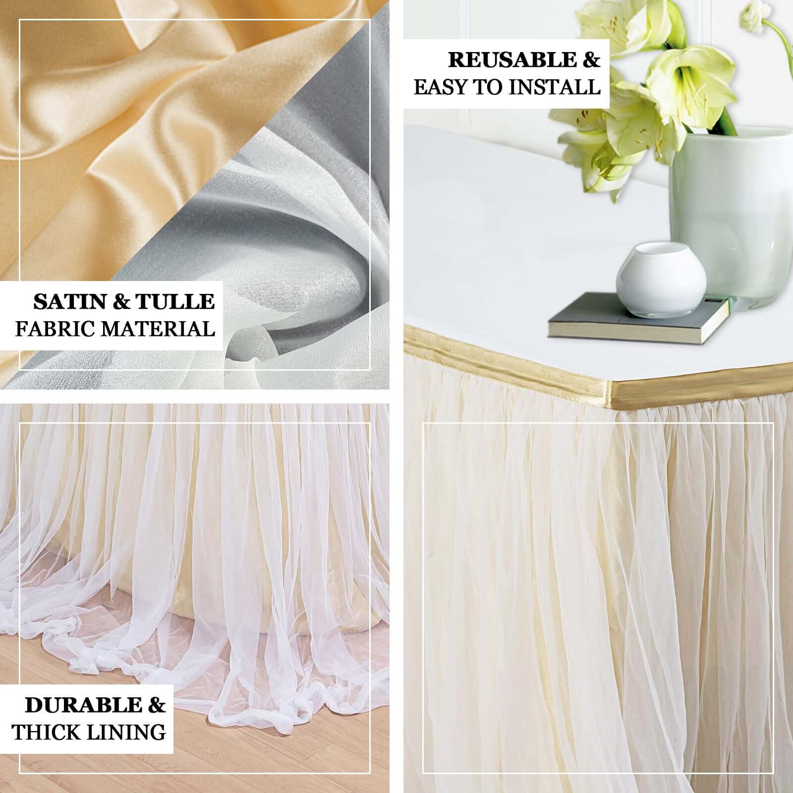 Extra Long Tulle 17ft Table Skirt White with Satin Edge - Table Cover for Baby Showers & Events