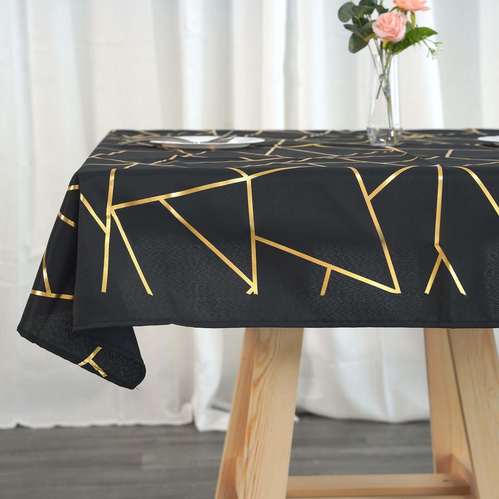 Polyester 54x54 Table Overlay Square Tablecloth Black with Gold Foil Geometric Pattern - Wrinkle-Resistant & Durable Table Topper