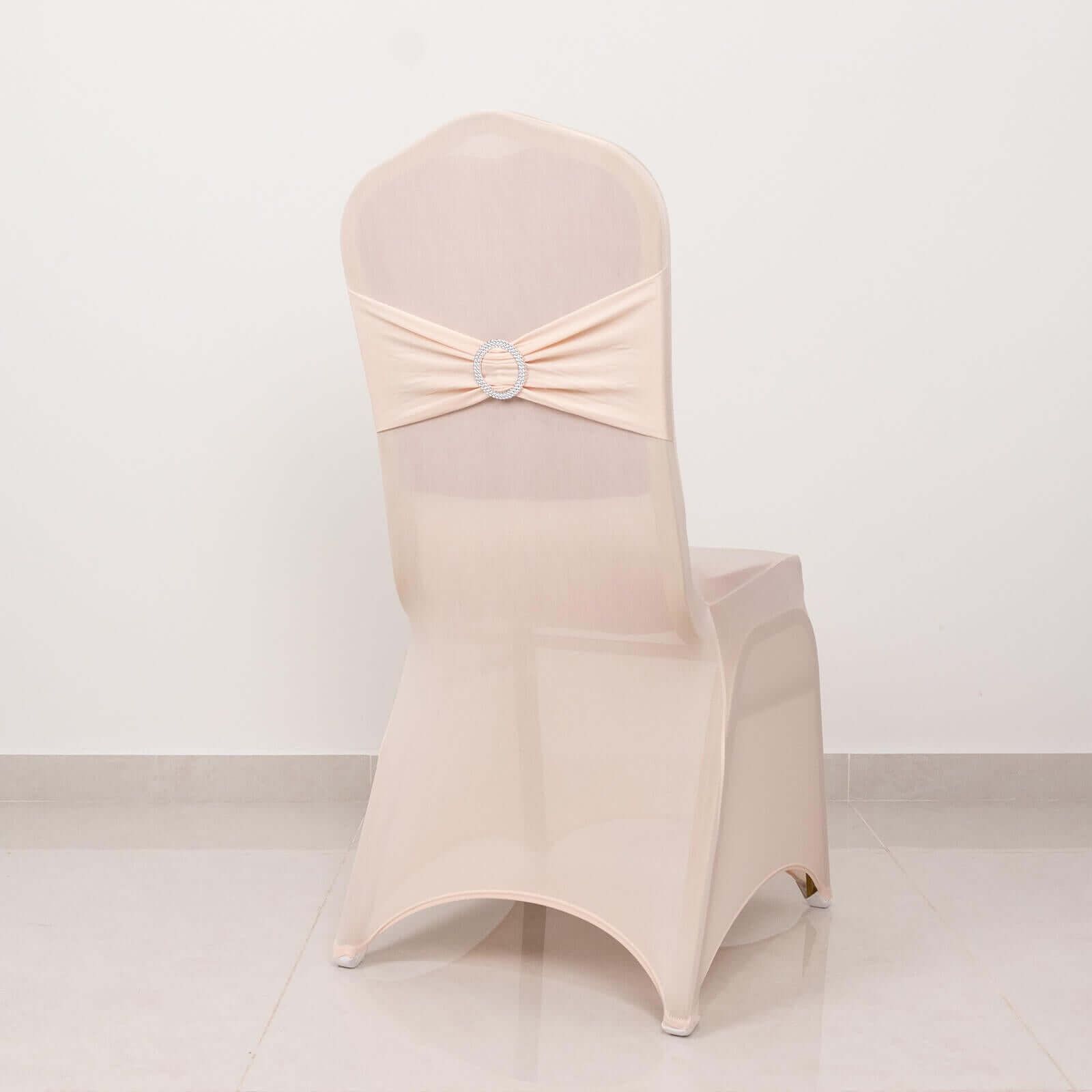 Spandex Chair Cover with Blush Rhinestone Buckled Sash Band Blush - Stretch Fitted Slipcover