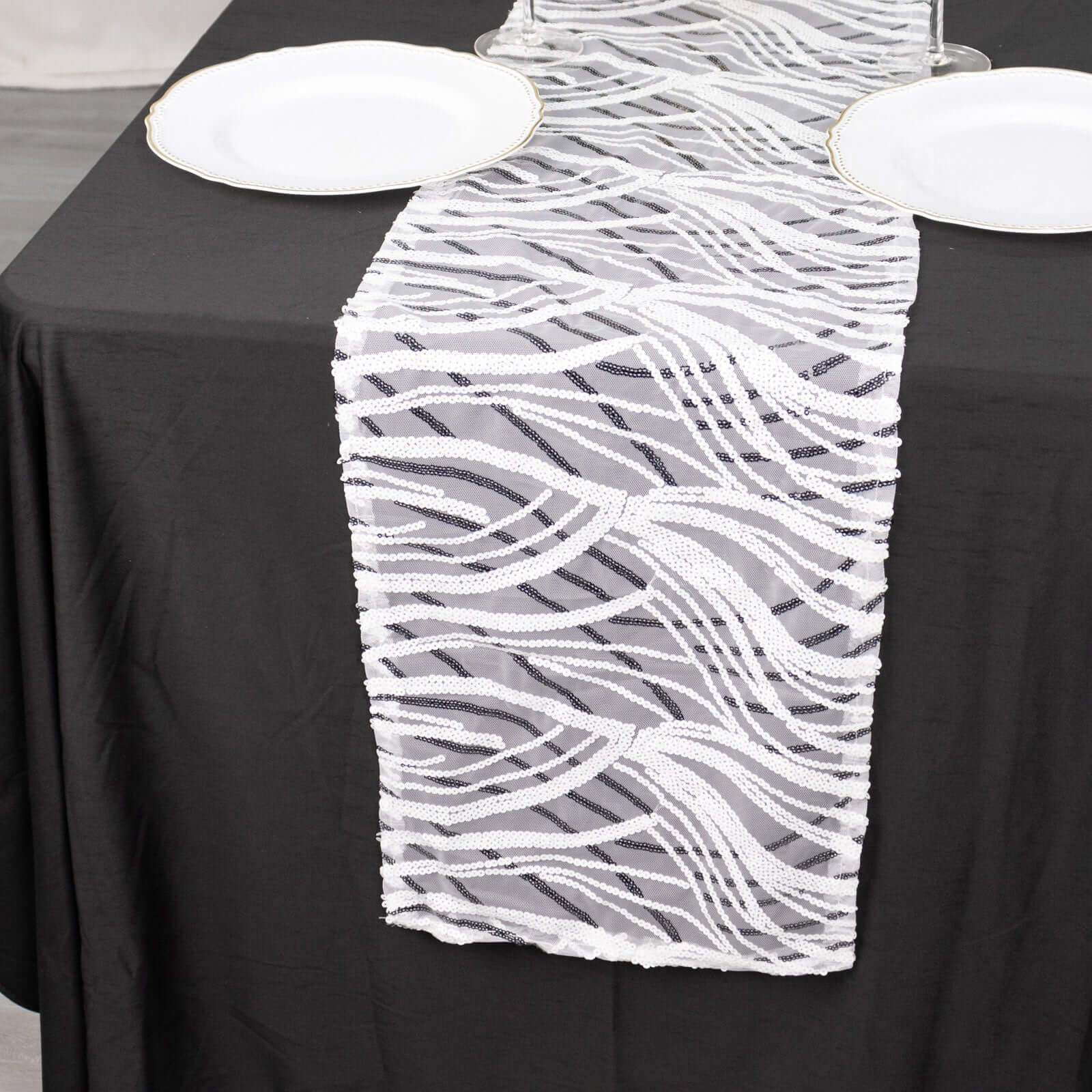 Sequin Mesh 12x108 Table Runner White Black Stylish Wave Embroidery