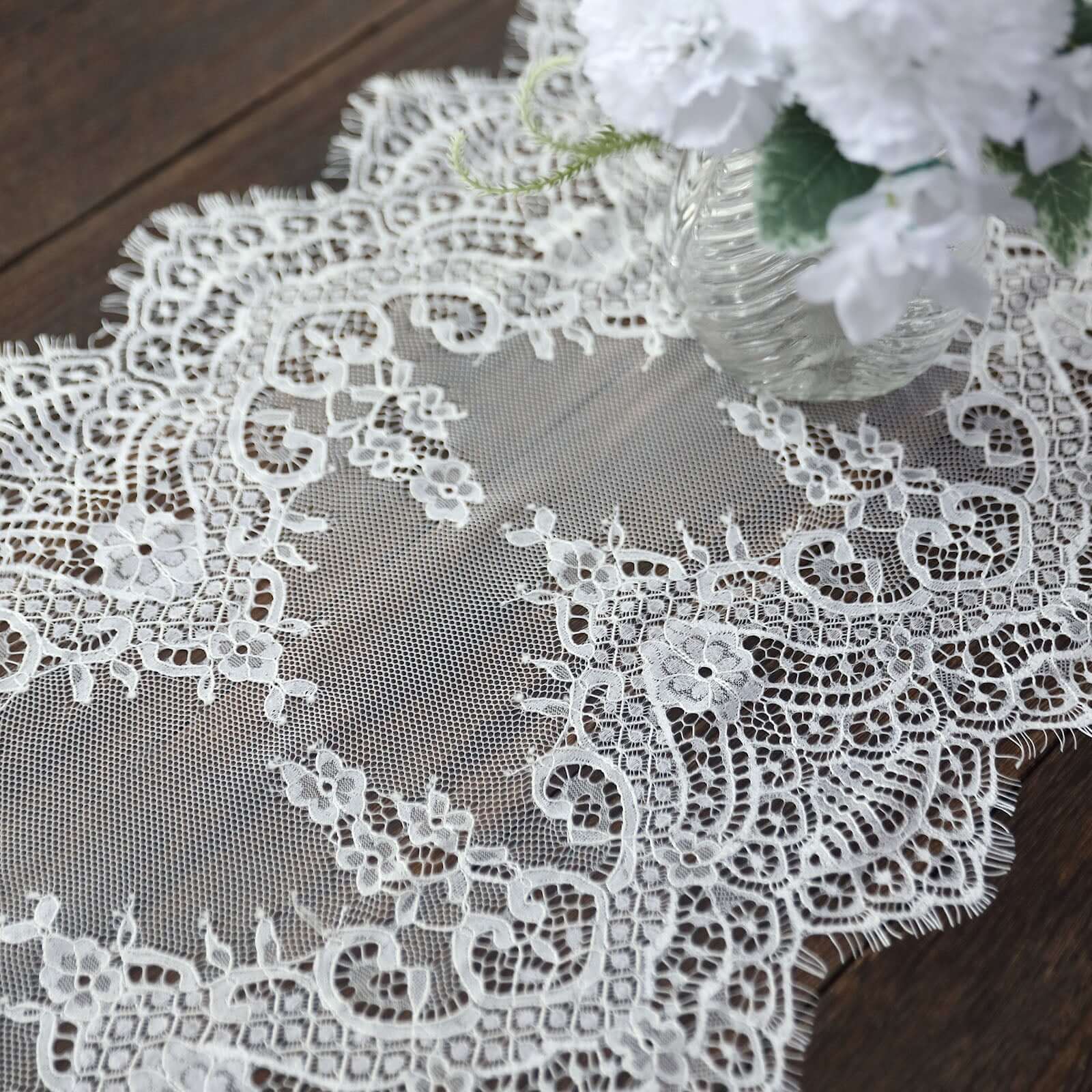 Premium Lace Fabric 15x117 Table Runner Ivory - Scalloped Lace Elegance