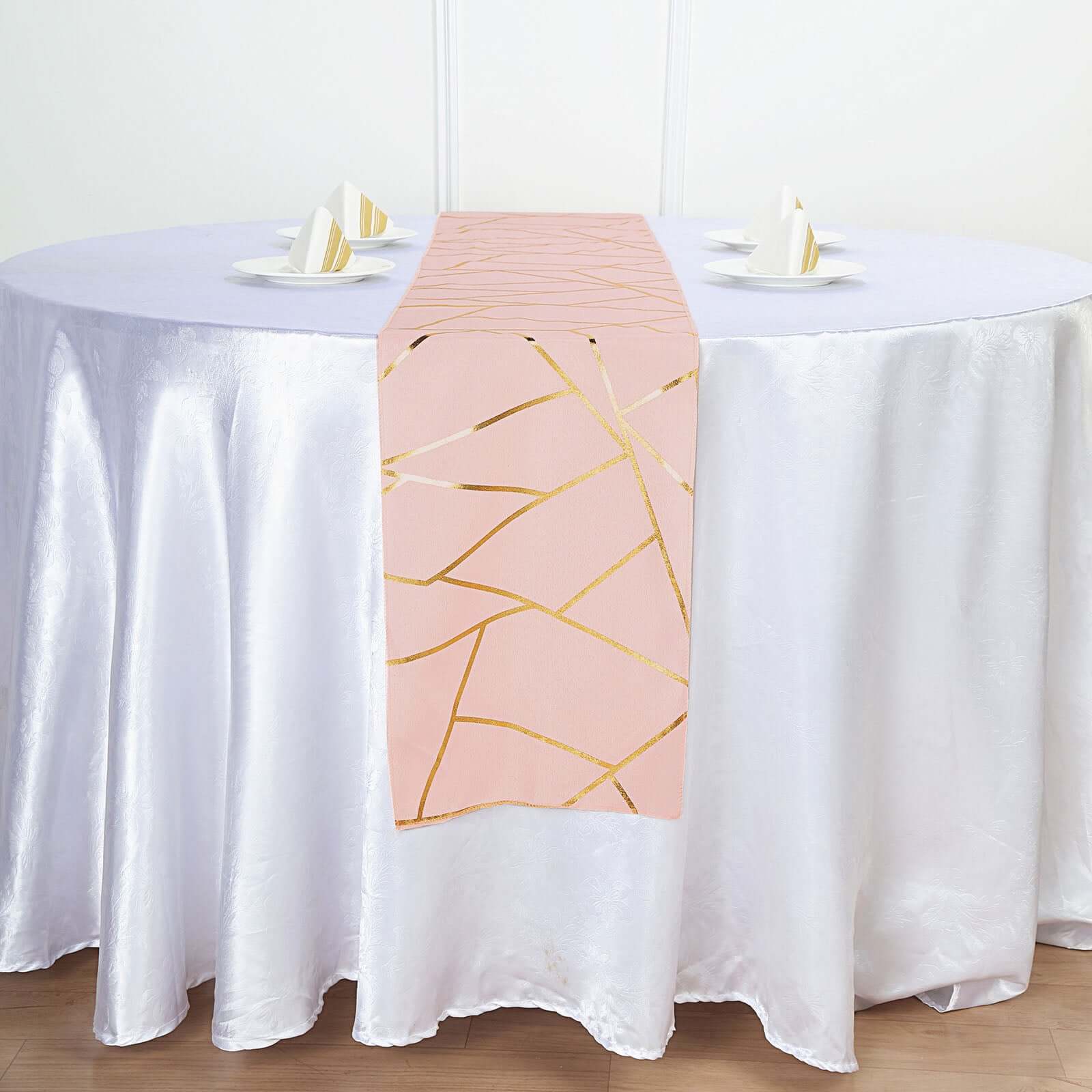 Polyester 9ft Table Runner Blush with Gold Foil Modern Geometric Accent