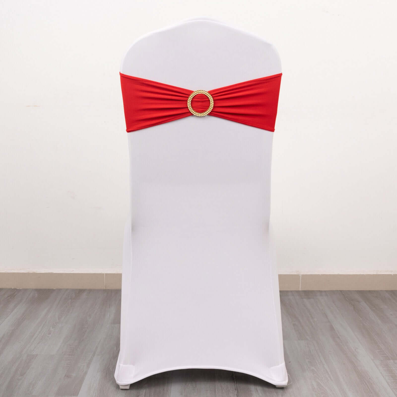 5 Pack Spandex Chair Sashes Red with Gold Rhinestone Buckles - Reusable Four-Way Stretch Sash Bands 5x14