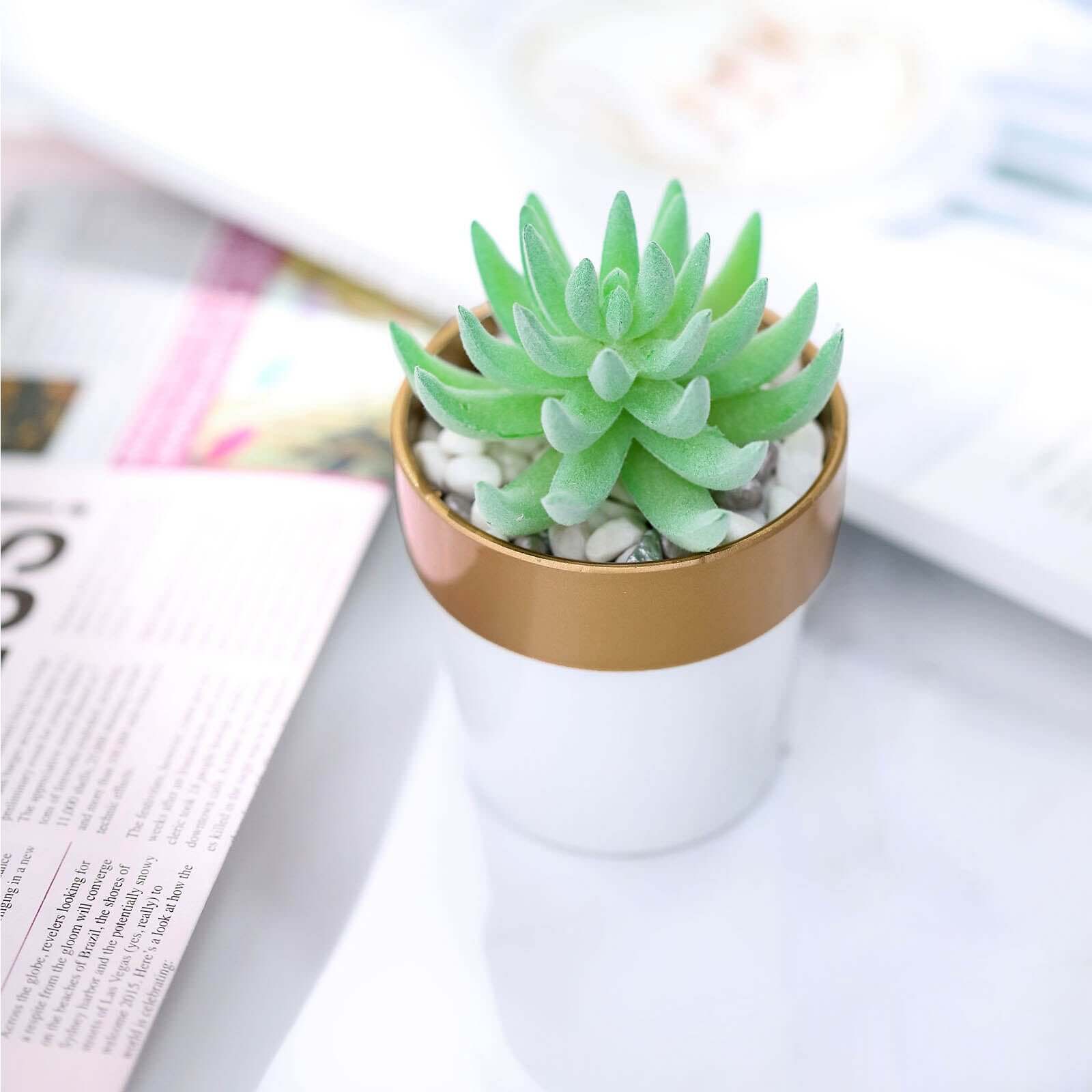 3-Pack Flower Plant Pots Small Design White with Gold Rim - Plastic Indoor Decorative Planters 3