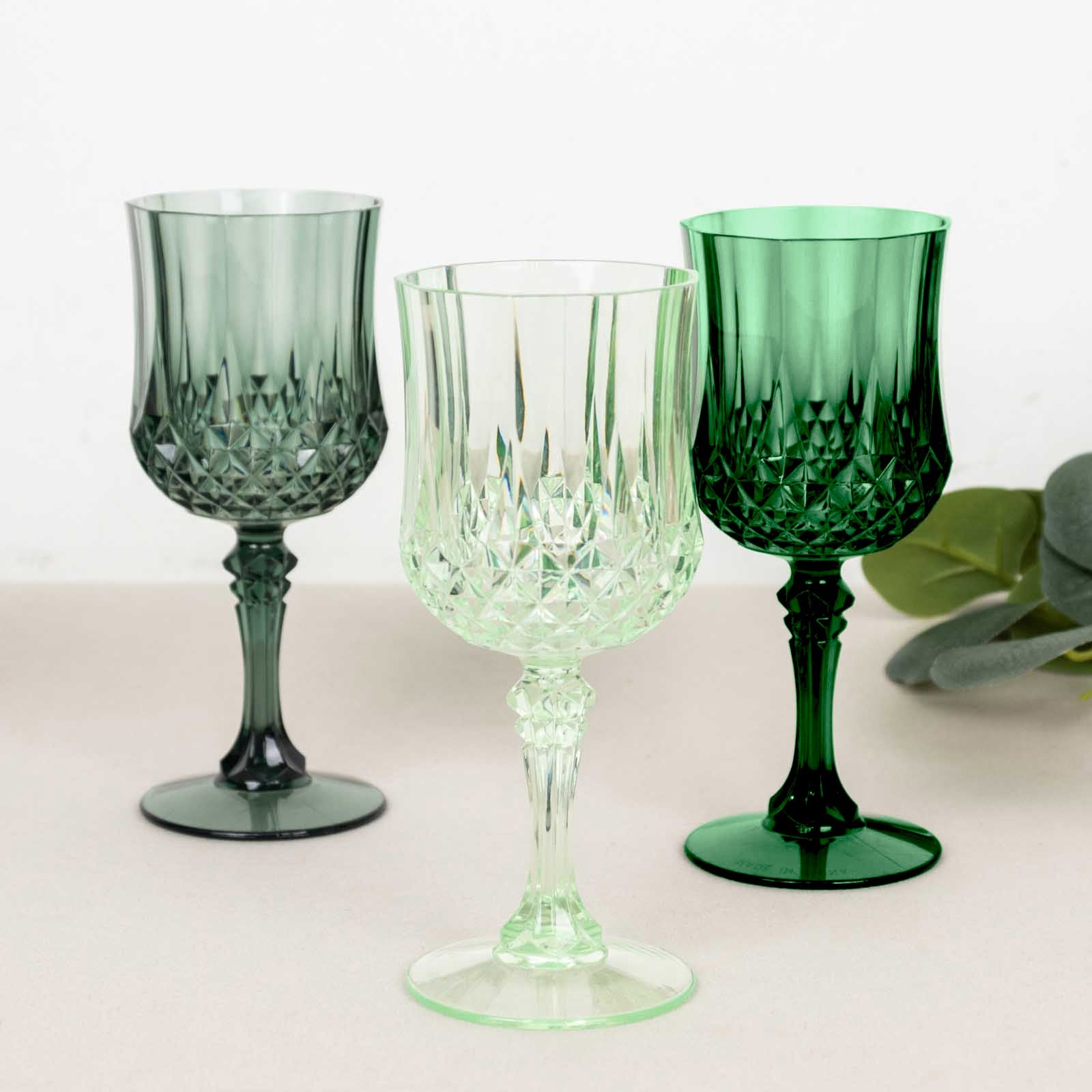 12-Pack Plastic Cocktail Goblets Assorted Green Transparent Crystal Cut - Shatterproof Drinkware 8oz