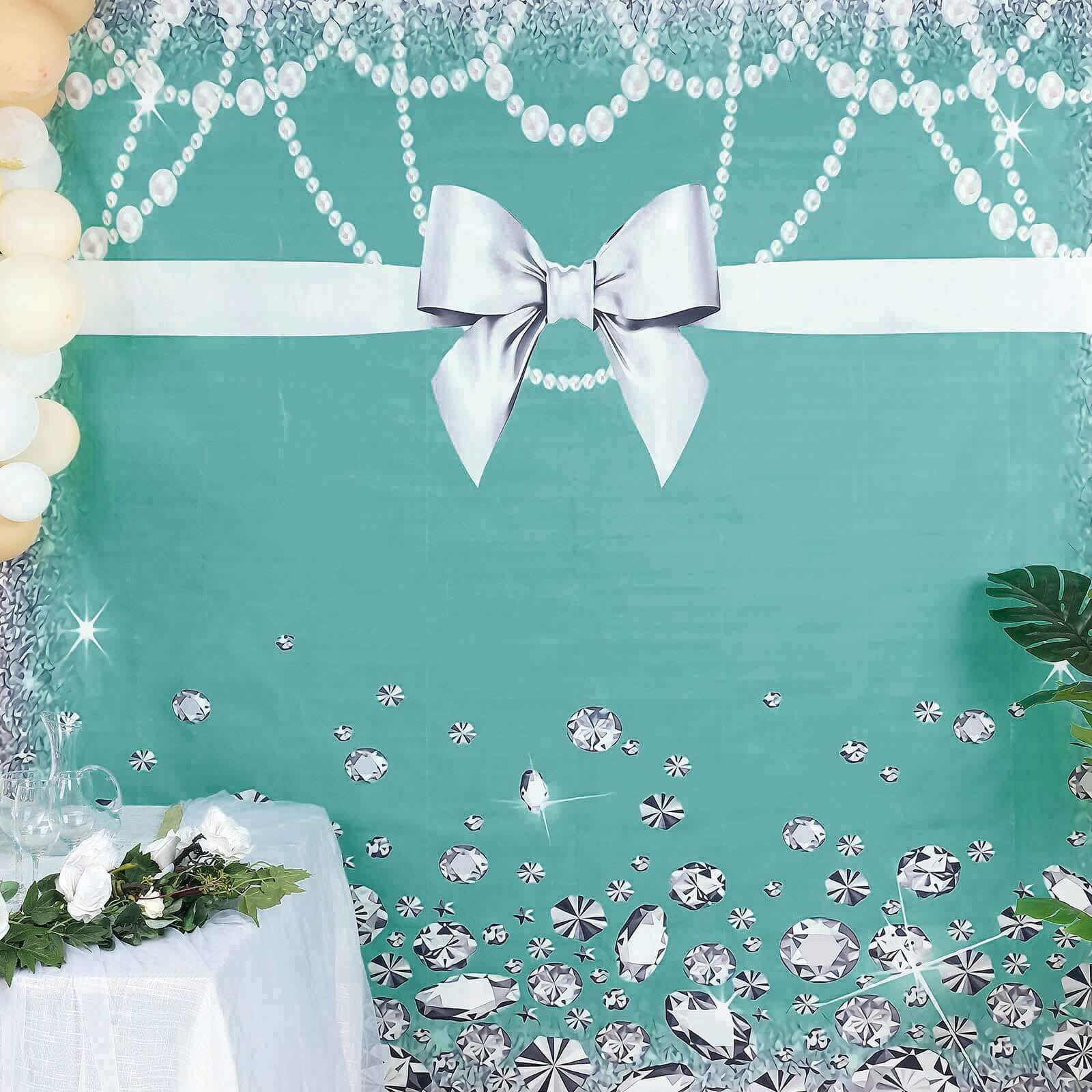 8ftx8ft Turquoise White Bow, Diamond Pearl Print Vinyl Photo Backdrop