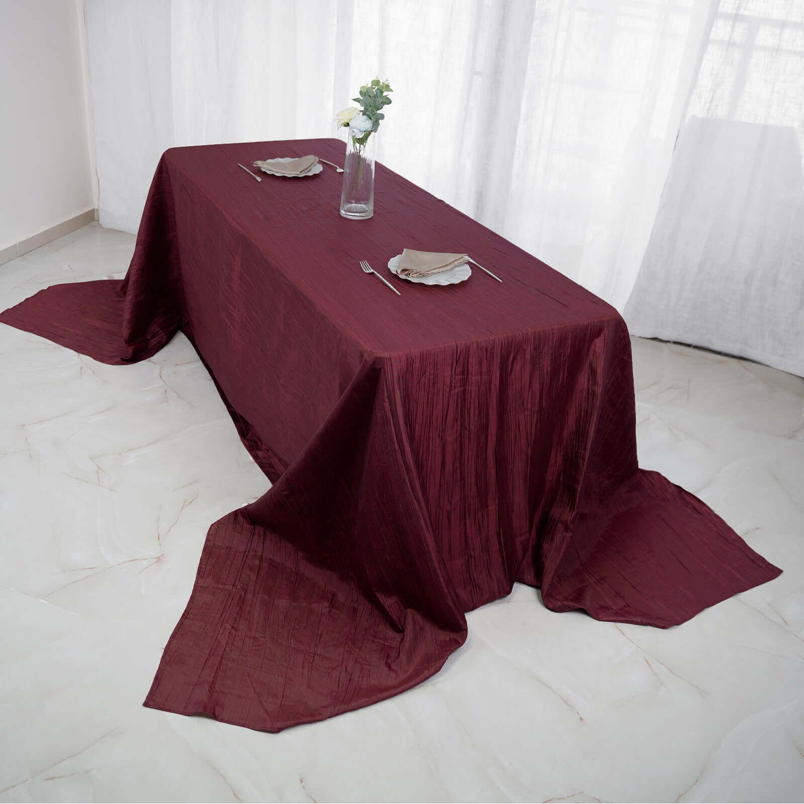 Taffeta 90x156 Rectangle Tablecloth Burgundy - Accordion Crinkle Seamless Table Cover