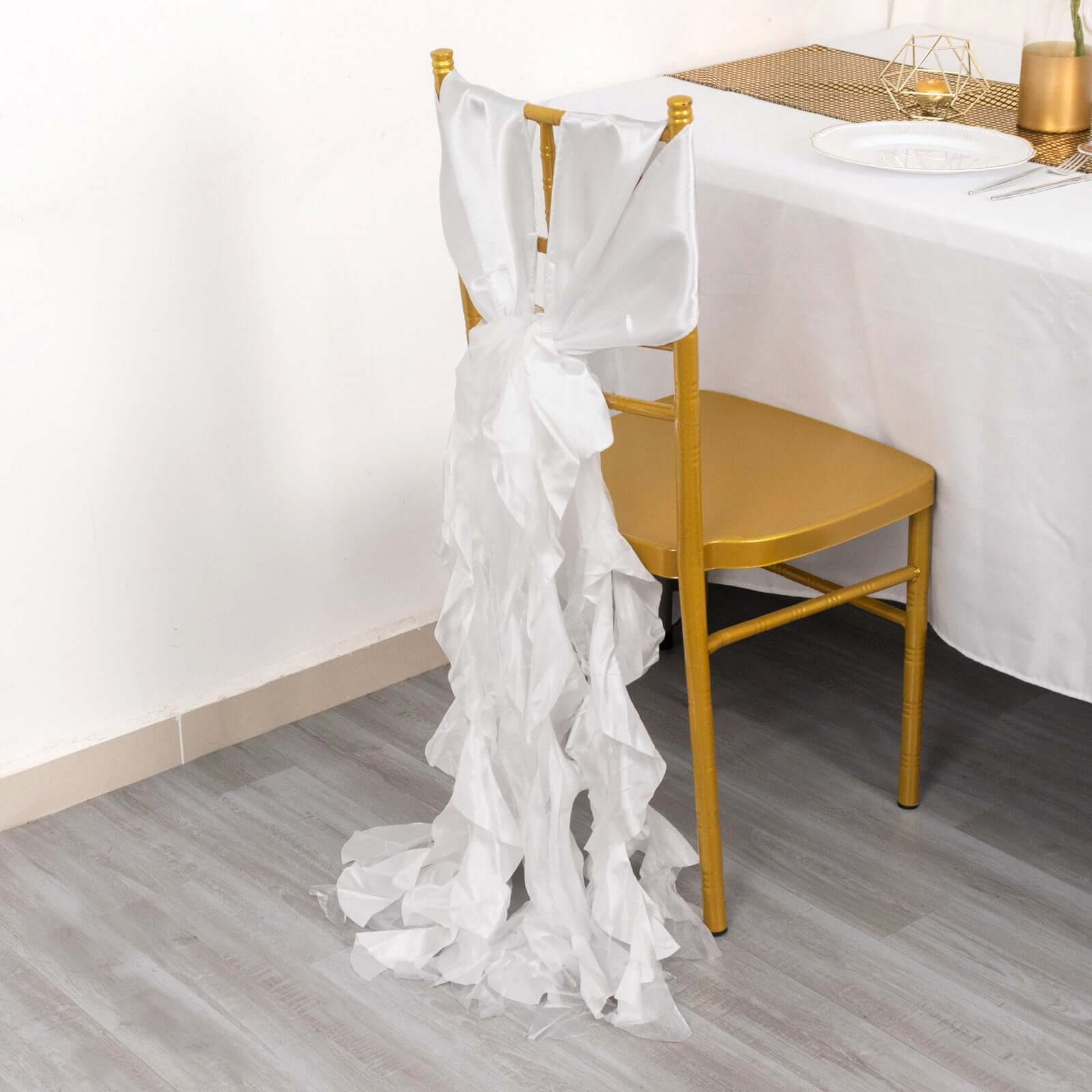 5 Pack Chiffon Satin Chair Sashes White - Easy to Install Lustrous Ruffled Curly Willow Wedding Chair Decorations