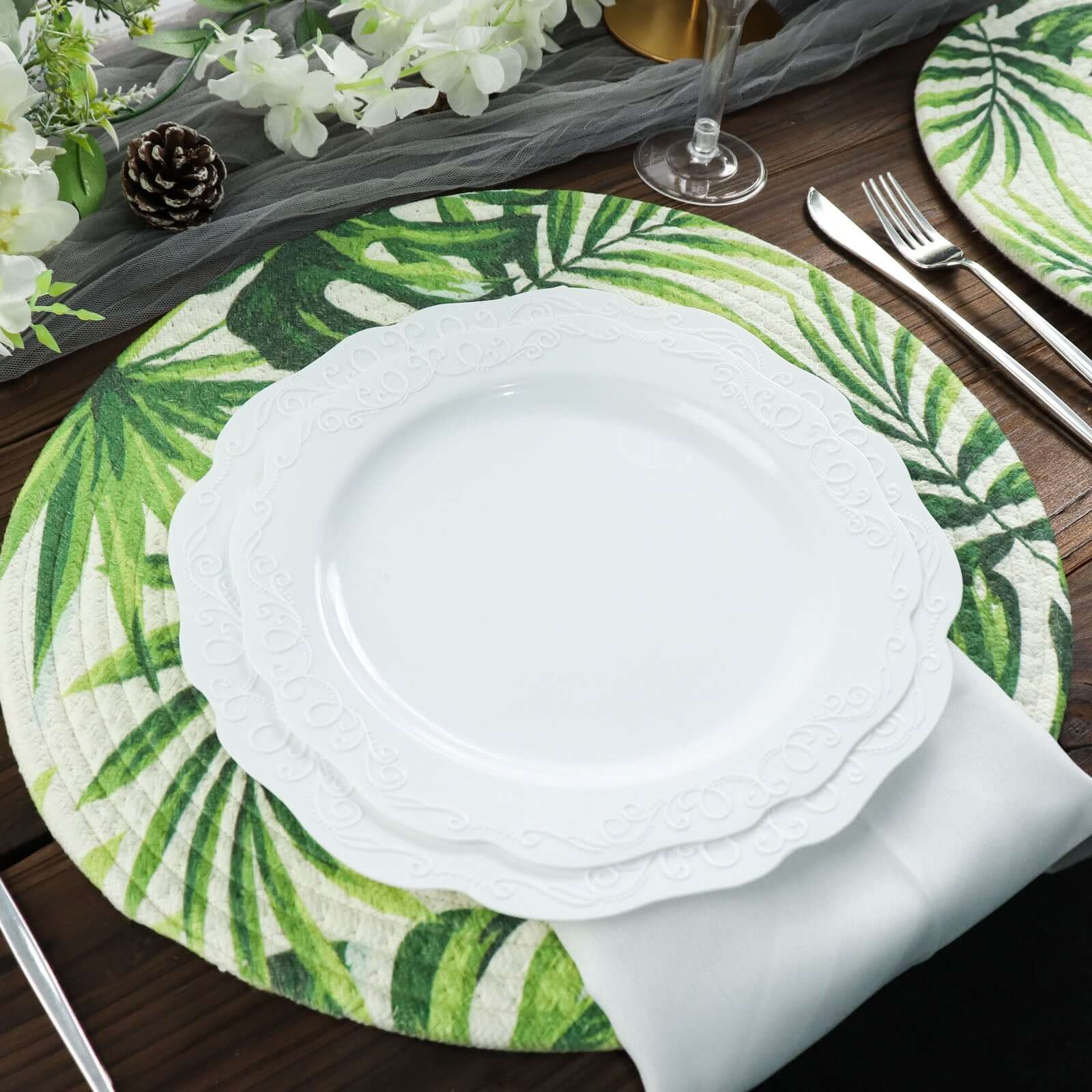 4-Pack Table Placemats Tropical Leaf Design Green Cotton Round - Woven Indoor/Outdoor Dining Mats 15