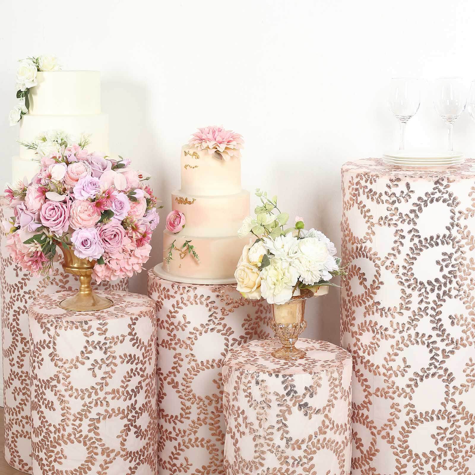 Set of 5 Rose Gold Sequin Mesh Cylinder Pedestal Stand Covers with Leaf Vine Embroidery, Sparkly Sheer Tulle Pillar Prop Covers