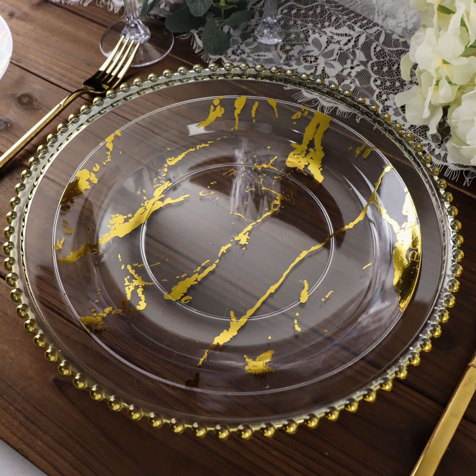 10-Pack Plastic 10 Round Dinner Plates in Clear with Gold Marble Print - Disposable Party Plates for Chic Banquets & Special Occasions