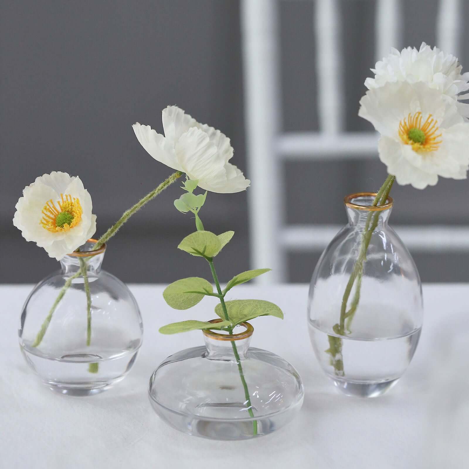 Set of 3 Clear Glass Bud Vases with Metallic Gold Rim - Modern Flower Table Centerpieces Assorted Sizes