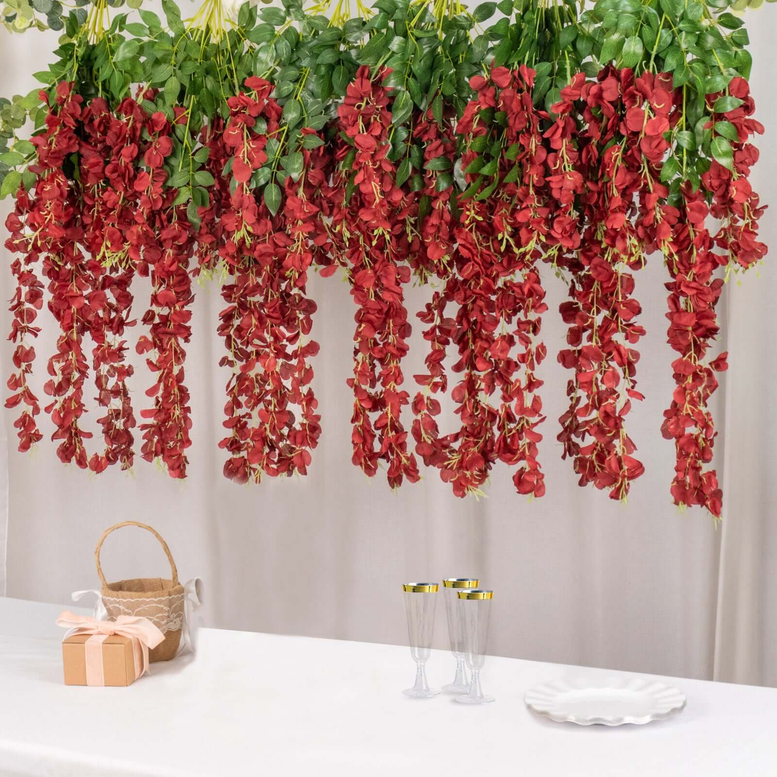 5 Pack 44 Silk Hanging Wisteria Flower Garland Vines in Burgundy, 3 Strands in 1 Bush