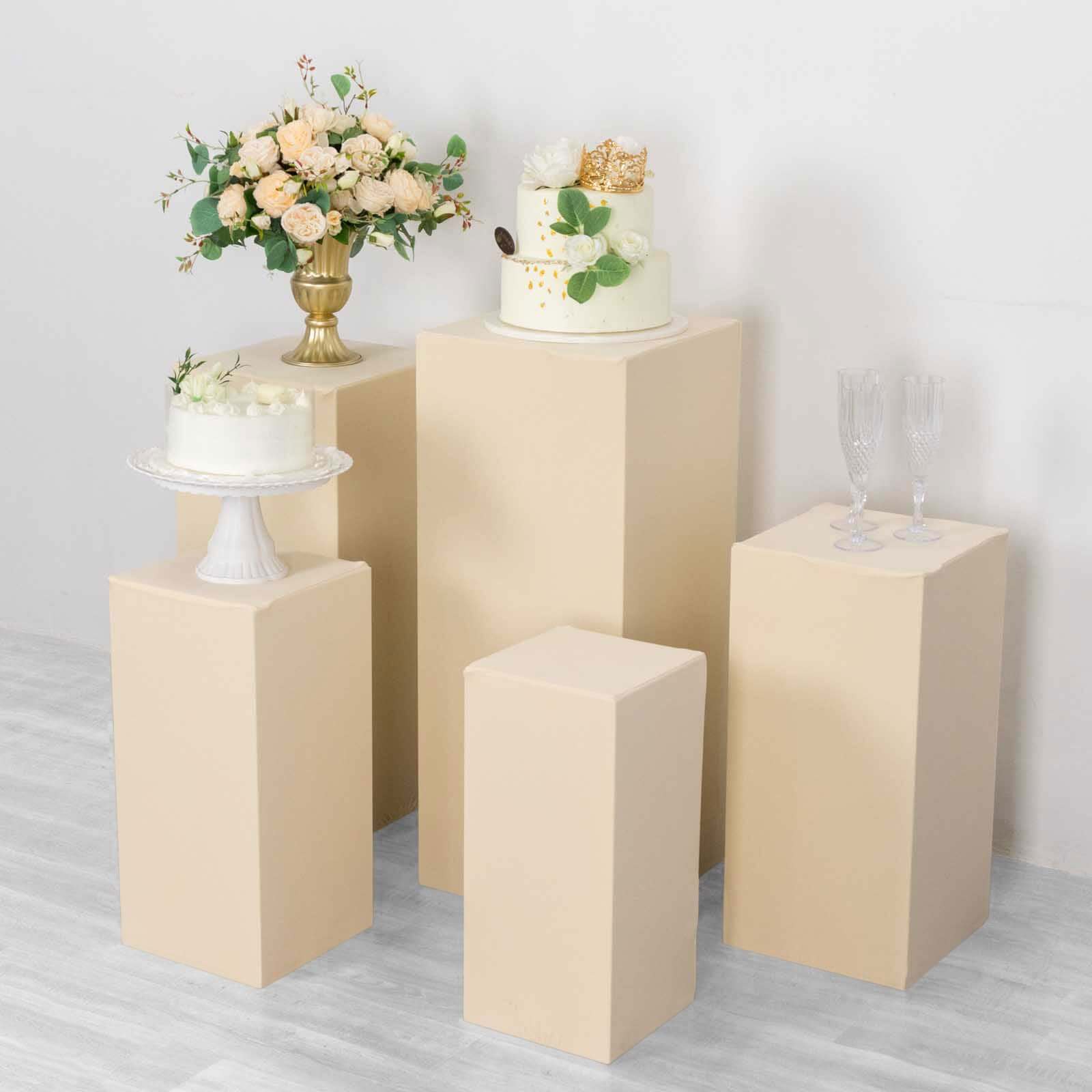 Set of 5 Beige Spandex Rectangle Pedestal Stand Covers, Stretchable Pillar Prop Covers - 160 GSM