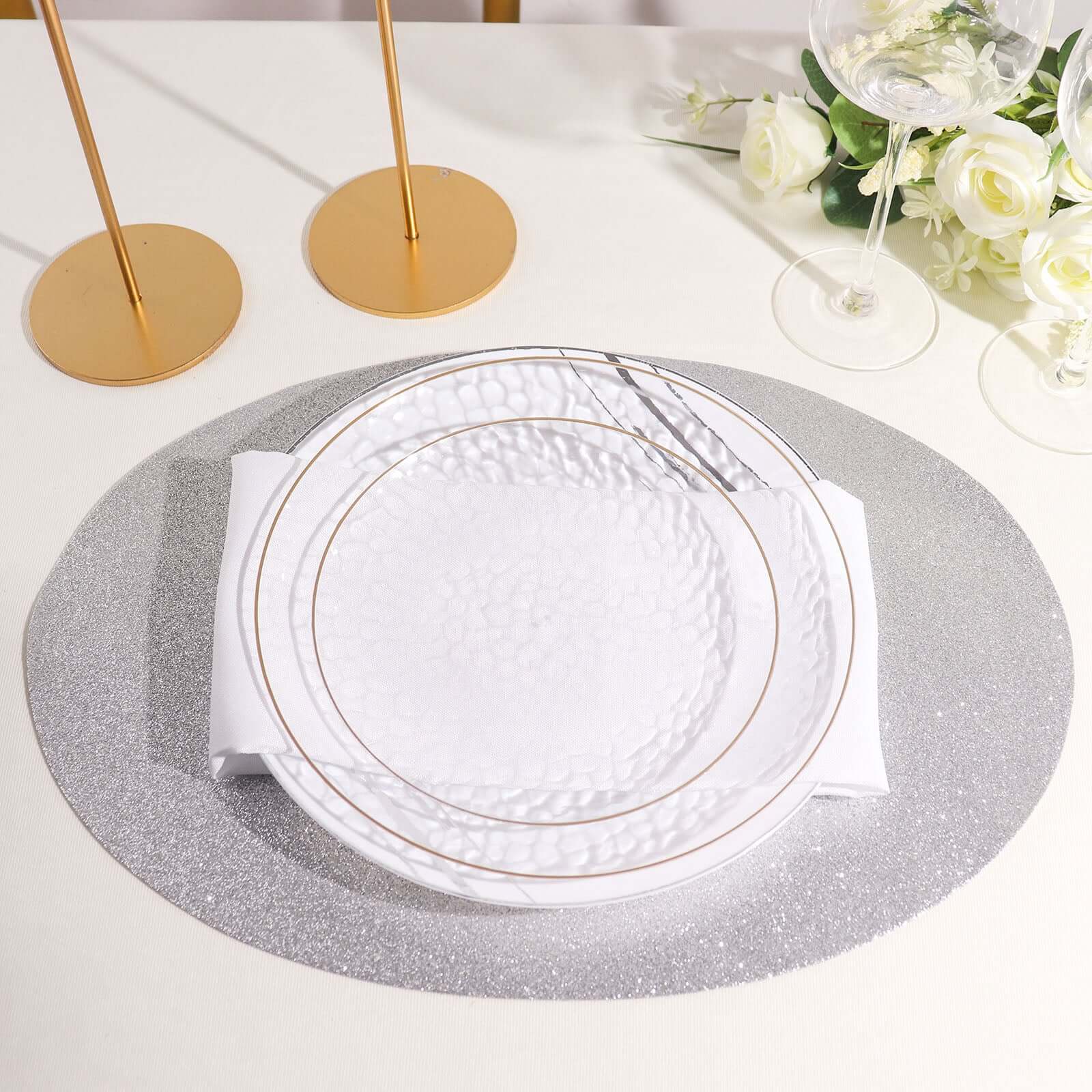 6-Pack Placemats Glitter Design Silver Sparkle Oval - Non-Slip Decorative Table Mats for Dining 12x18