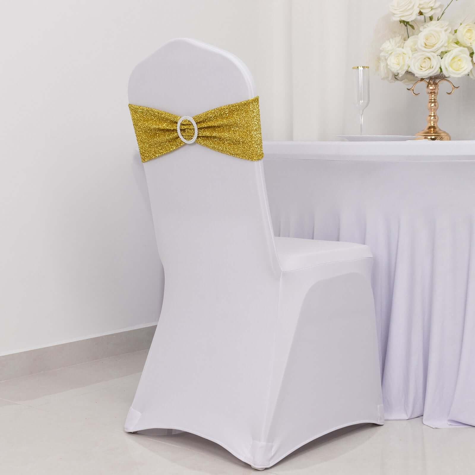 5 Pack Chair Sashes Shimmer Tinsel Spandex 5x12 with Silver Rhinestone Buckles Gold - Stylish Decor for Weddings