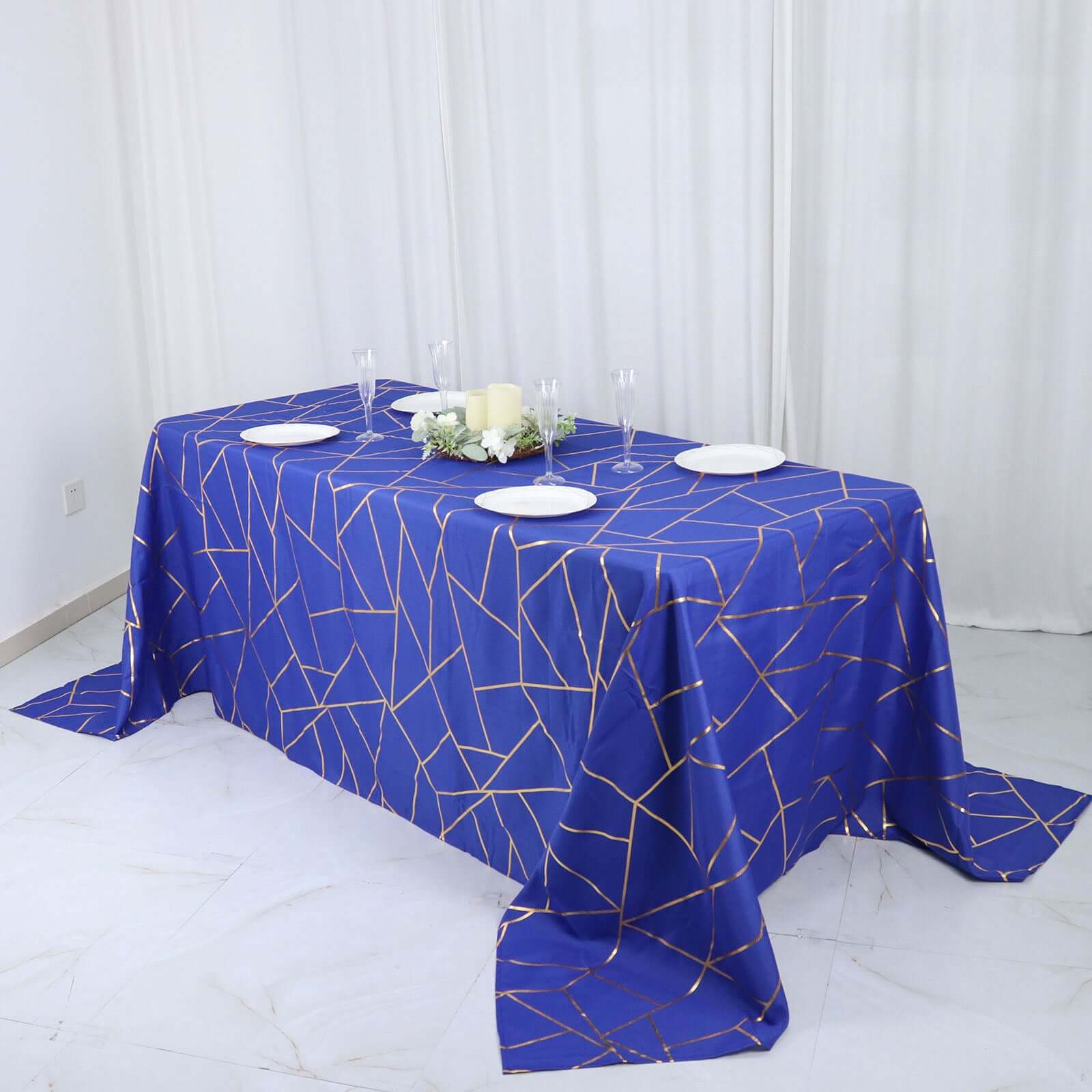Polyester 90x132 Rectangle Tablecloth Royal Blue with Gold Foil Geometric Pattern - Wrinkle-Resistant Seamless Table Cover