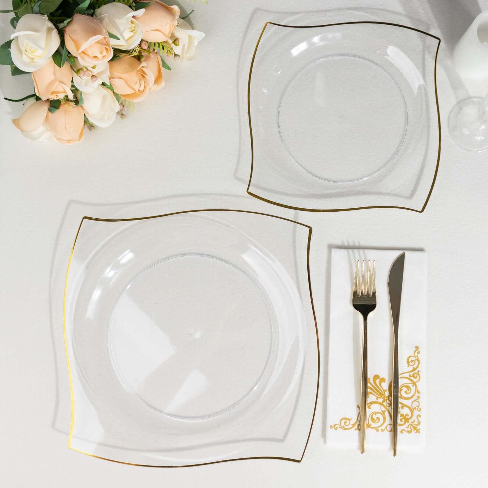 10-Pack Plastic 10 Square Dinner Plates in Clear with Gold Wavy Rim Modern - Disposable Party Plates