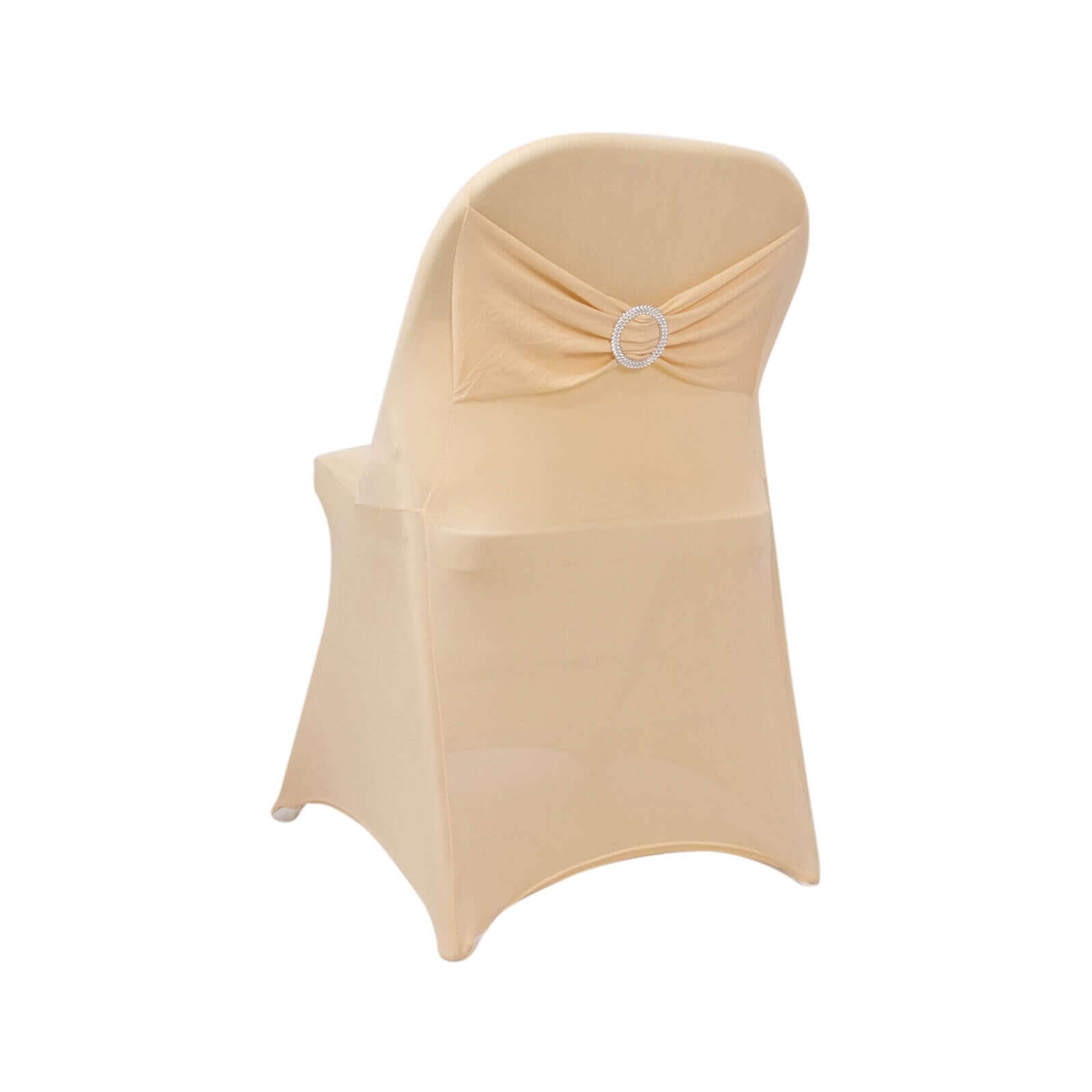 Stretch Spandex Chair Cover Beige for Folding Chairs - Secure Fit Slipcover with Silver Rhinestone Buckled Sash Band