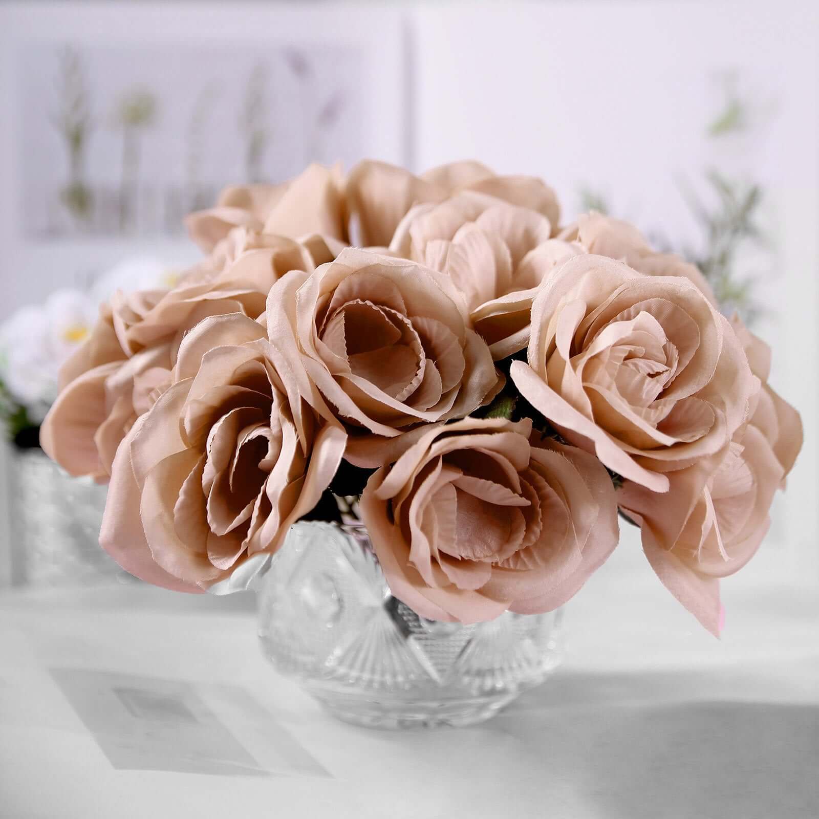 12 Dusty Rose Artificial Velvet-Like Fabric Rose Flower Bouquet Bush