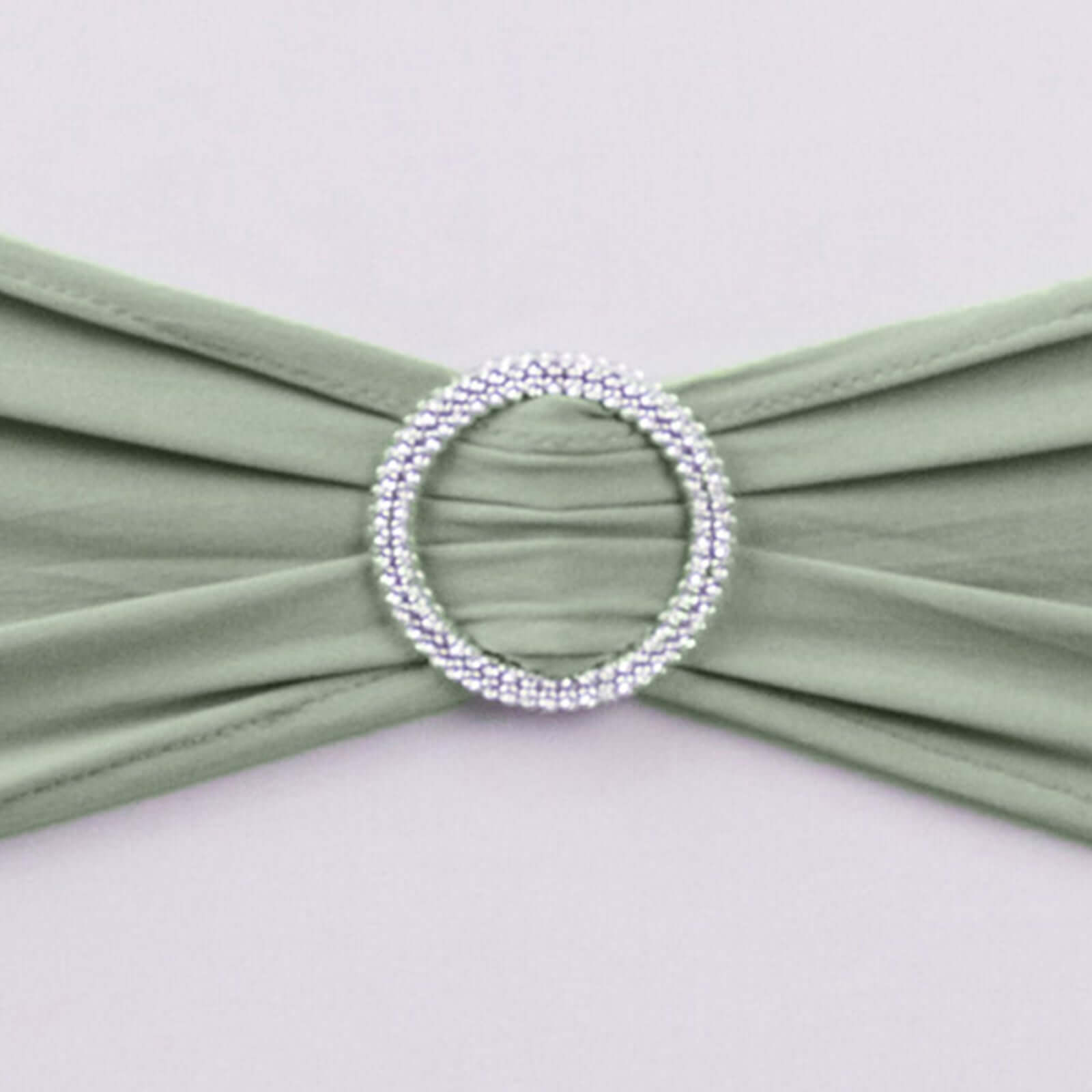 5 Pack Stretch Spandex Chair Sashes Sage Green - Reusable Chair Bands with Silver Diamond Ring Slide Buckle 5x14