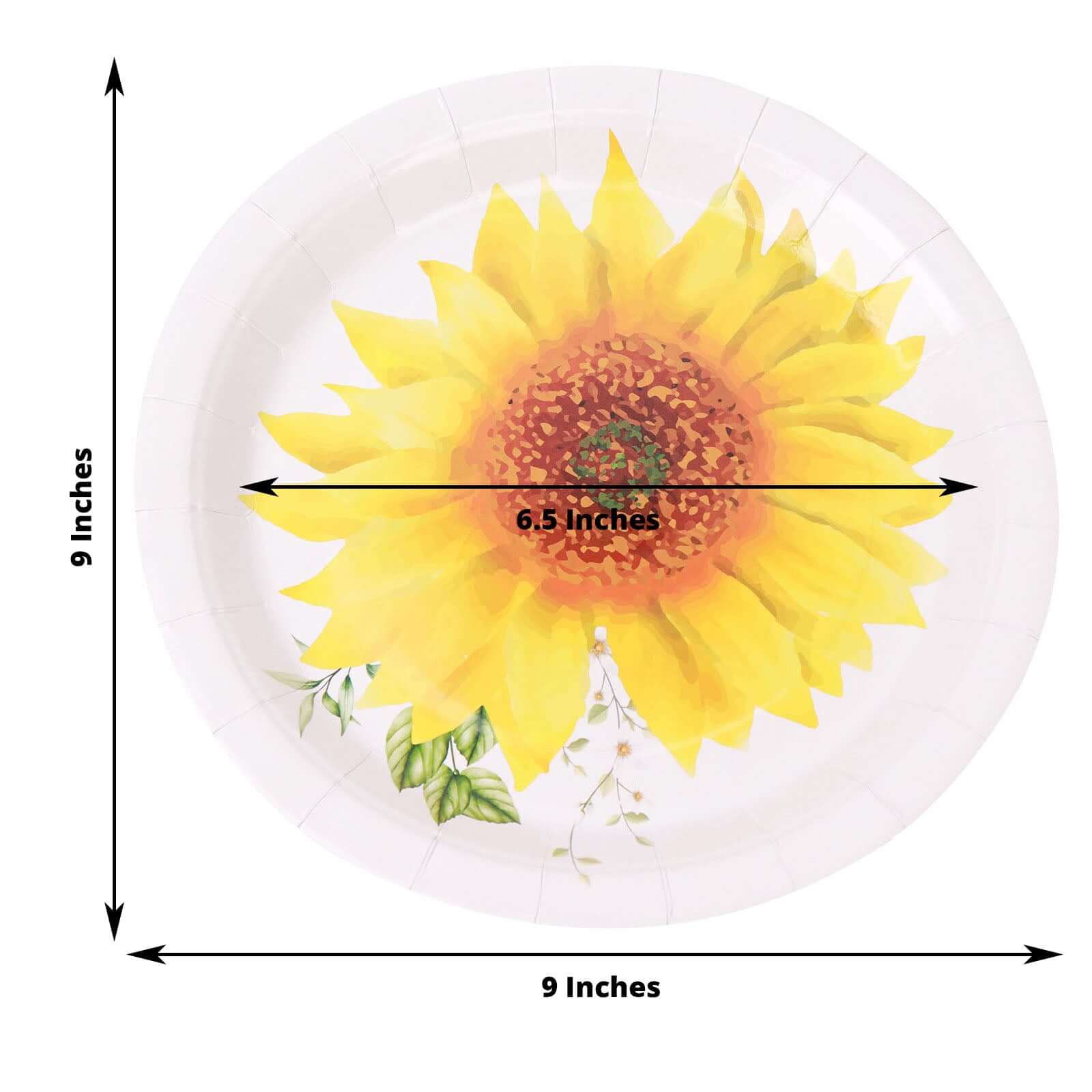 25-Pack Paper 9 Round Dinner Plates in White with Sunflower Design - Disposable Party Plates for Rustic Events & Garden Themes