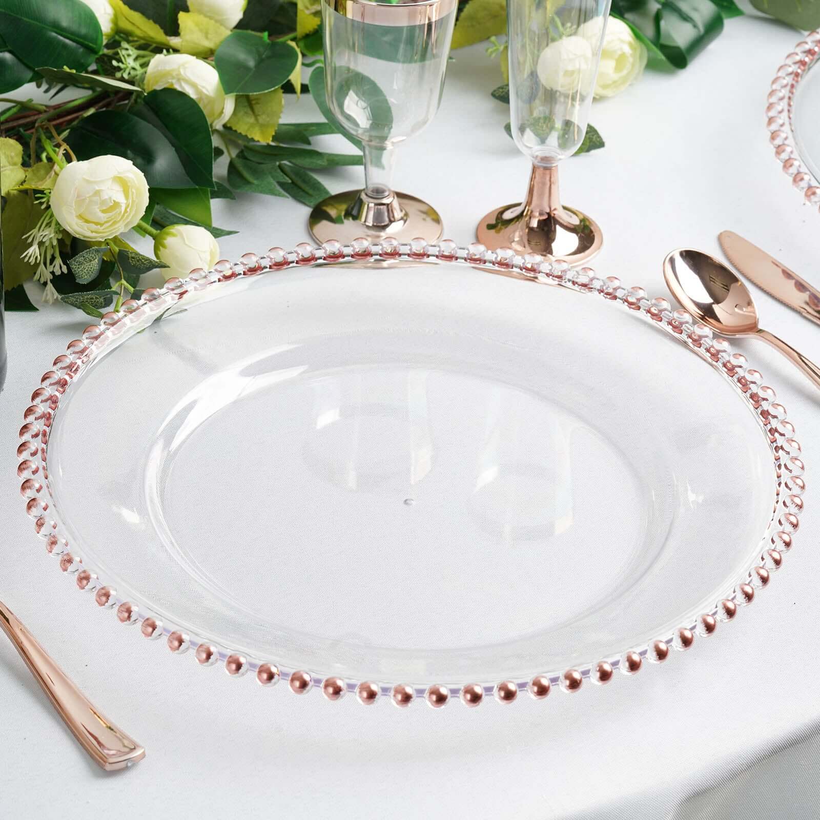 6-Pack Acrylic Round Charger Plates 13 in Clear with Rose Gold Beaded Rim, Decorative Dinner Party Serving Plates